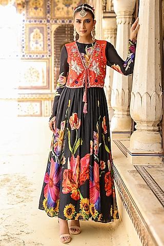 black chinon silk floral printed gathered gown with jacket