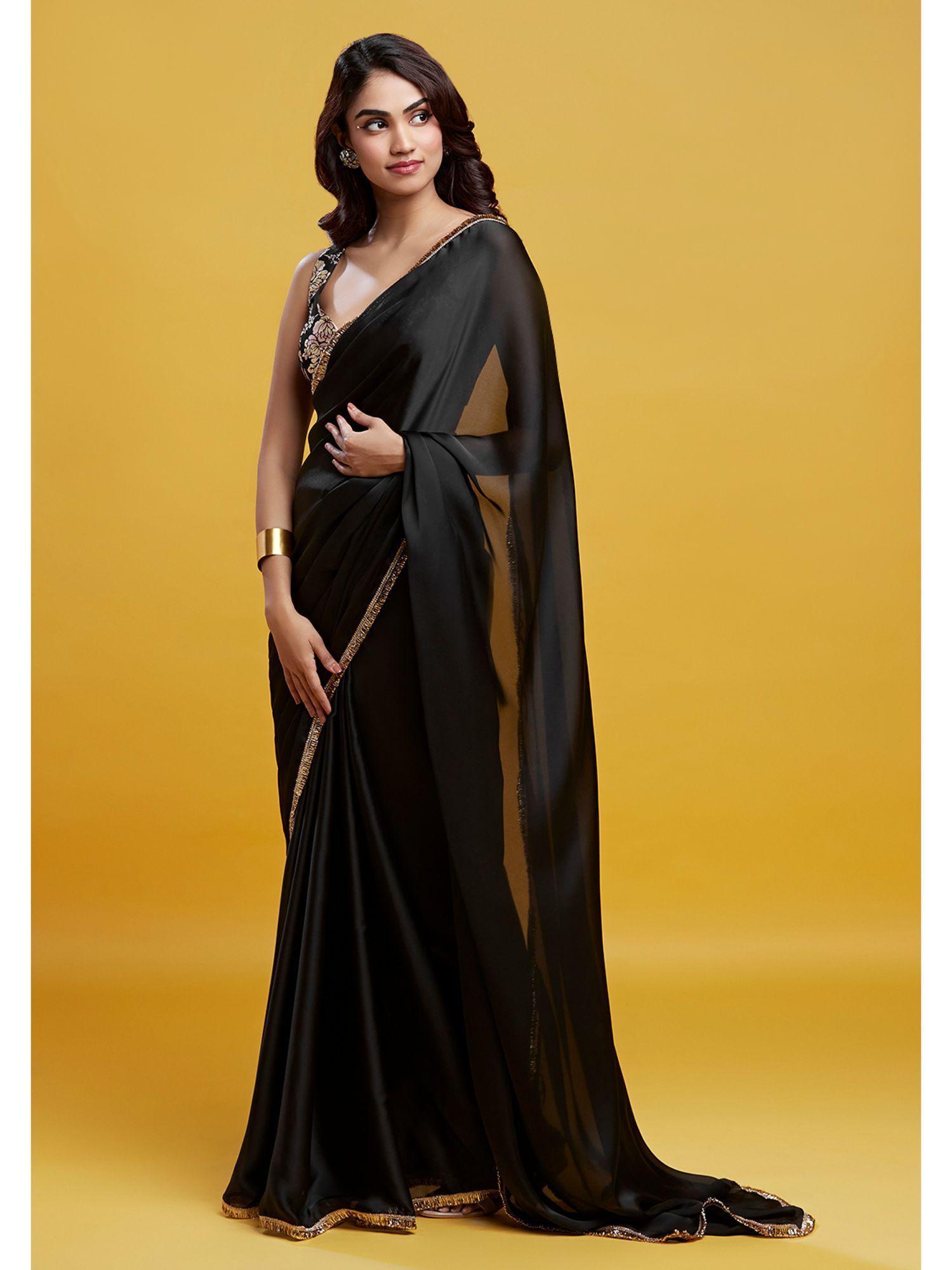 black cocktail saree with stitched blouse