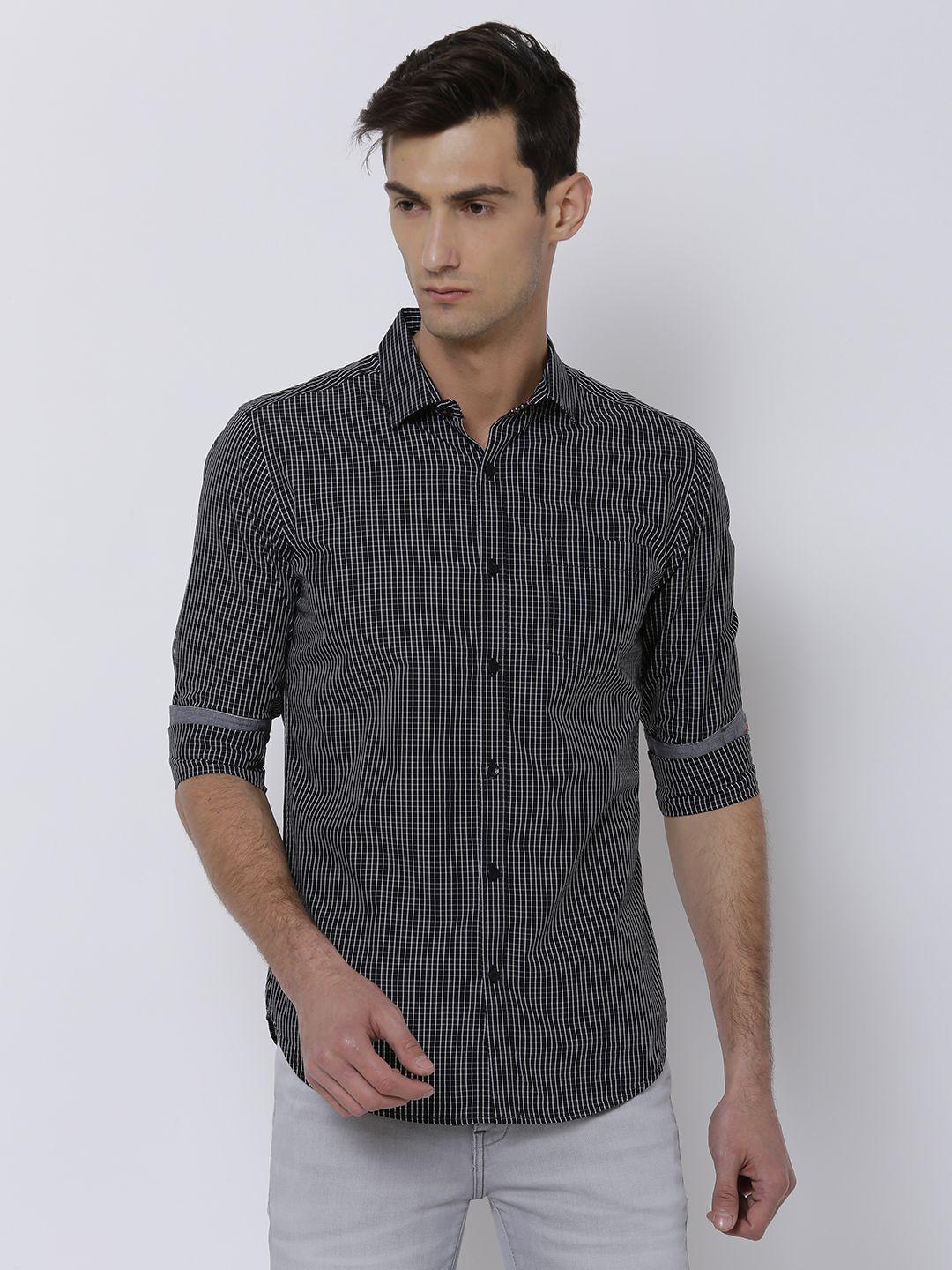 black coffee men black slim fit striped casual shirt