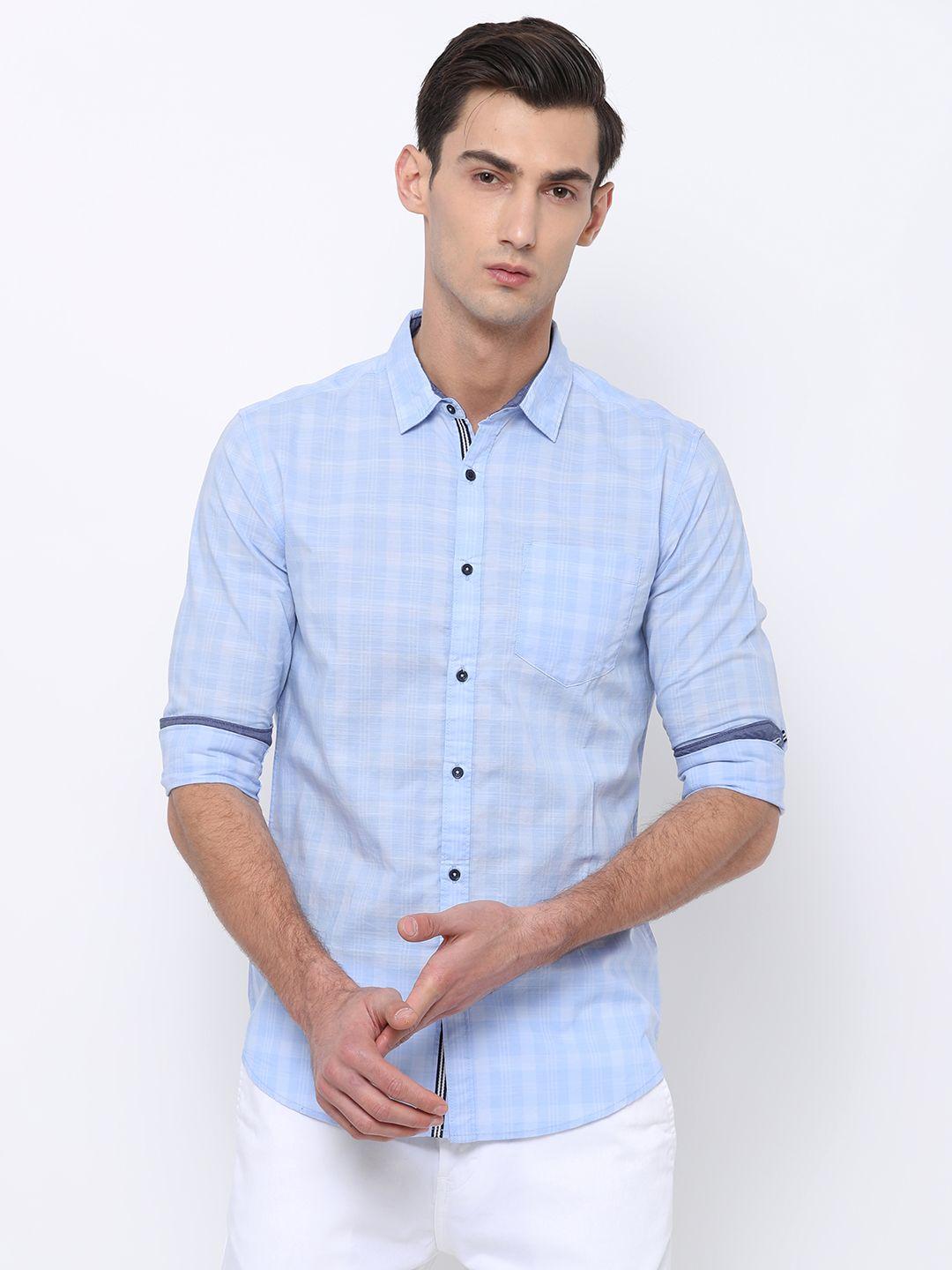 black coffee men blue slim fit checked casual shirt