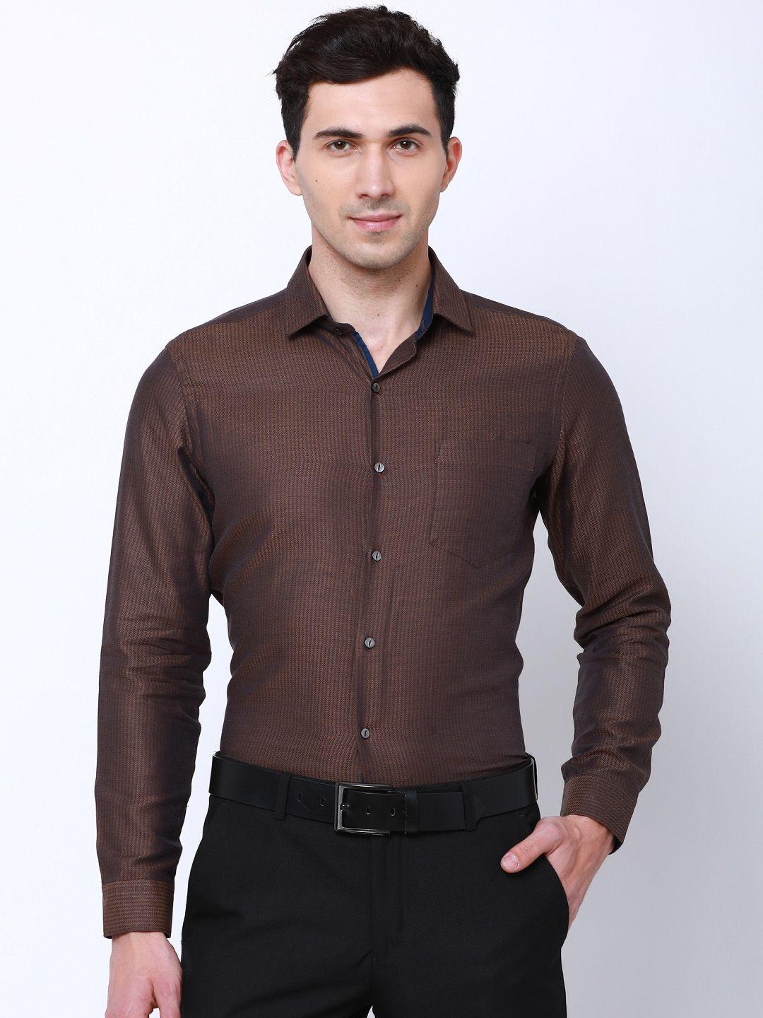 black coffee men brown & blue slim fit self design formal shirt