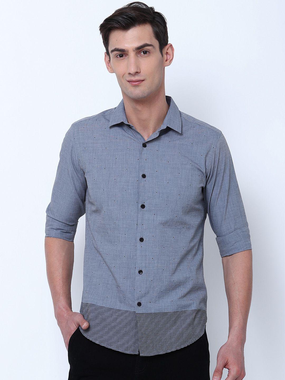 black coffee men grey & black slim fit printed casual shirt