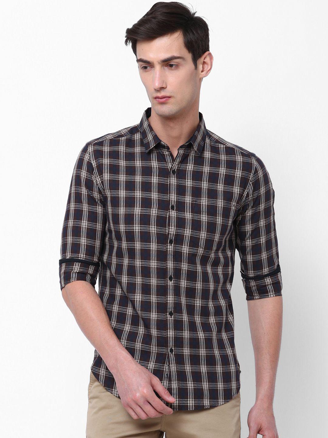 black coffee men navy blue & brown slim fit checked casual shirt