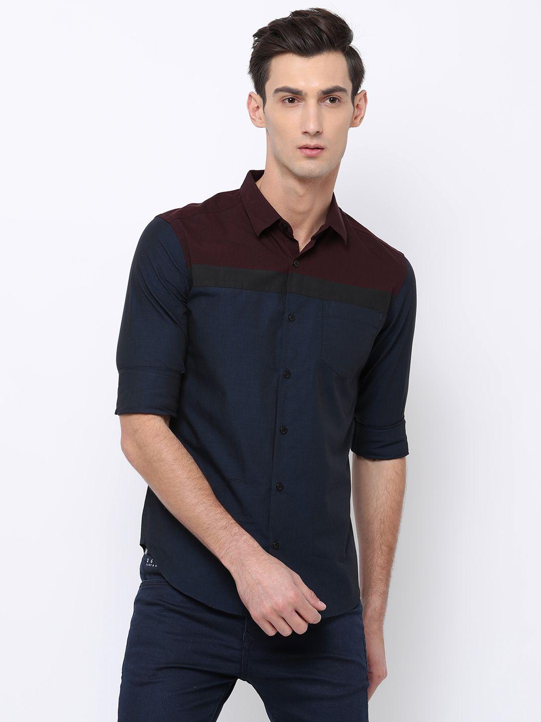 black coffee men navy blue & maroon slim fit solid casual shirt