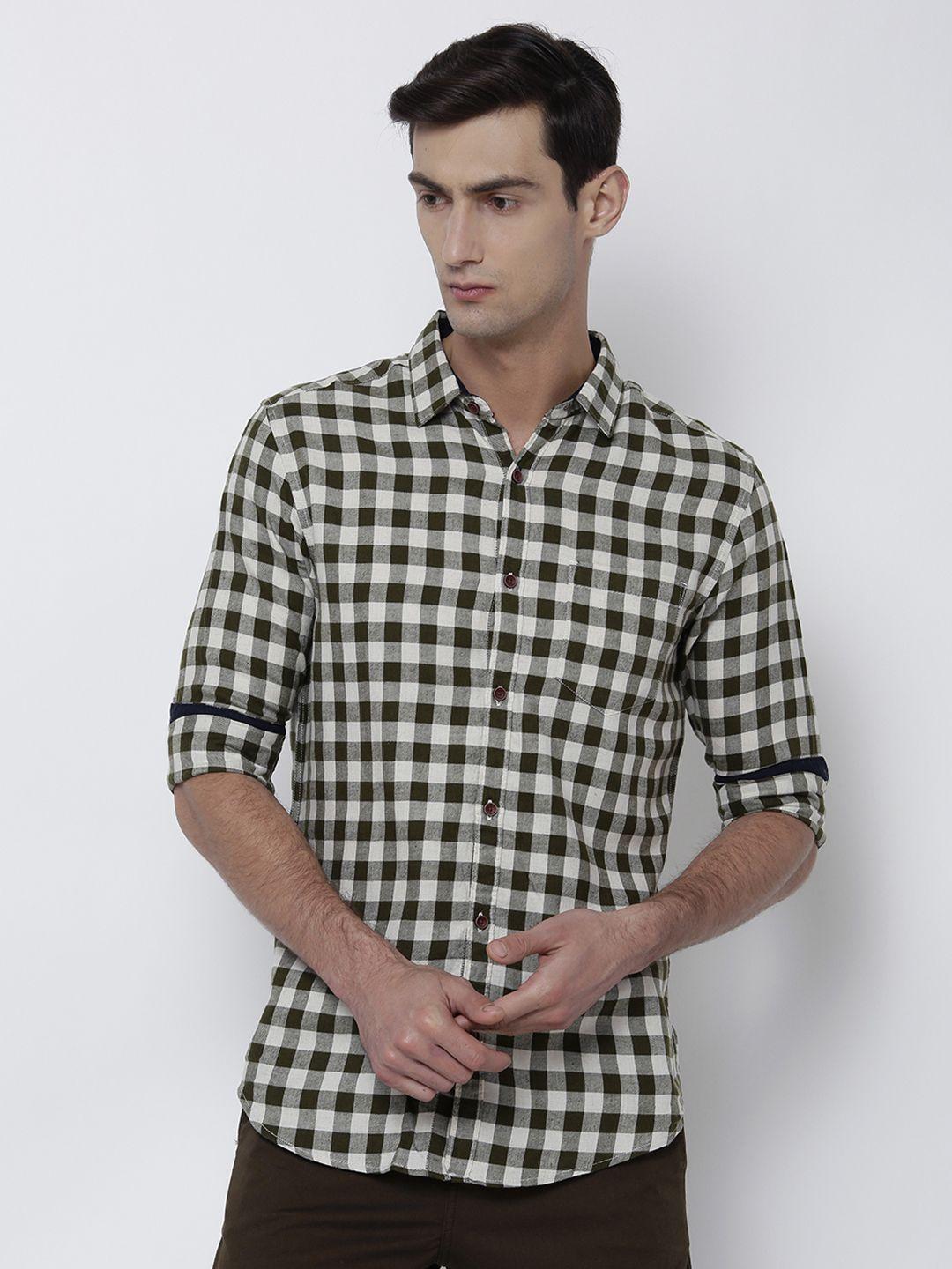 black coffee men olive green & off-white slim fit checked casual shirt