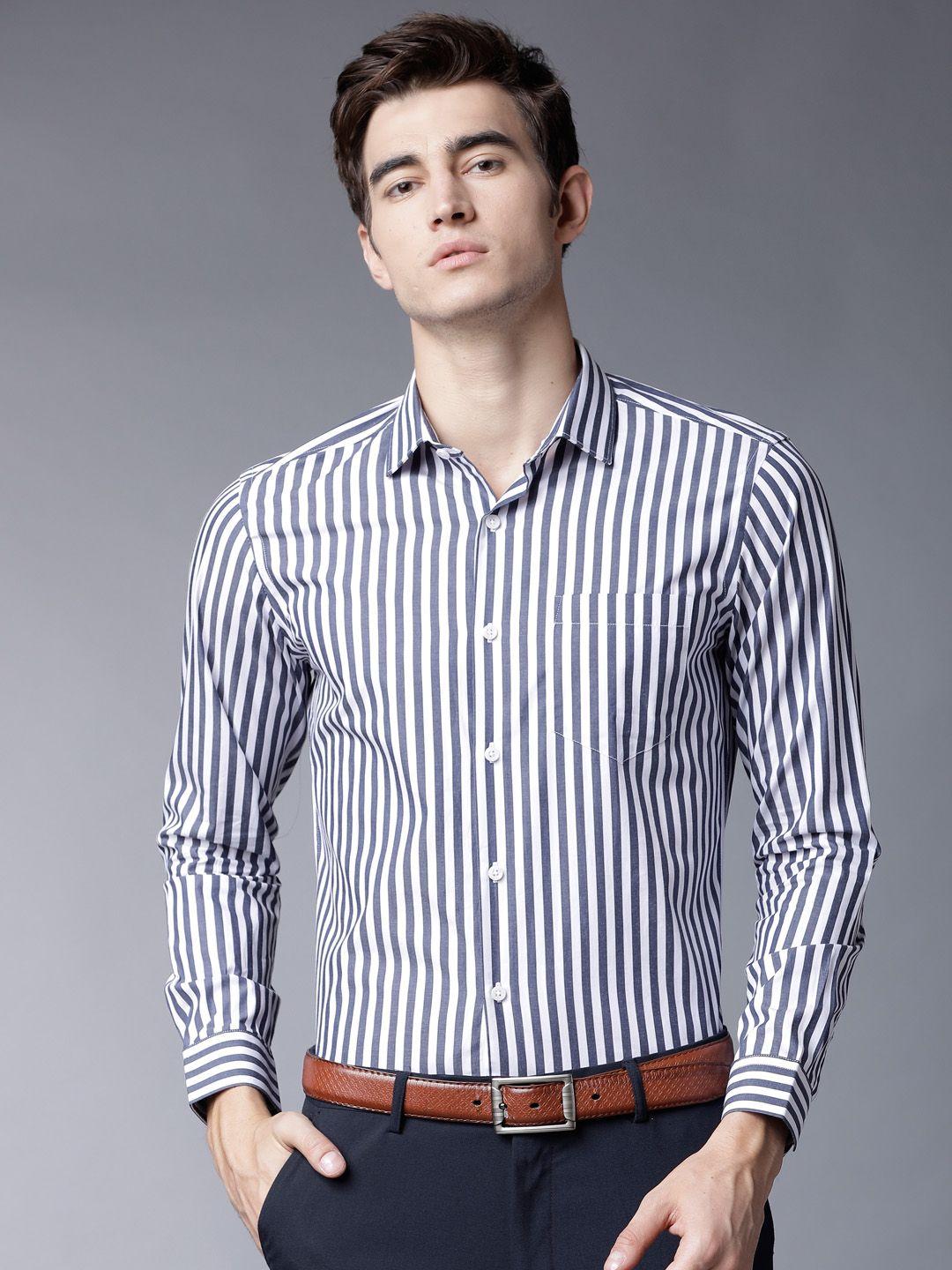 black coffee men white & navy blue slim fit striped casual shirt