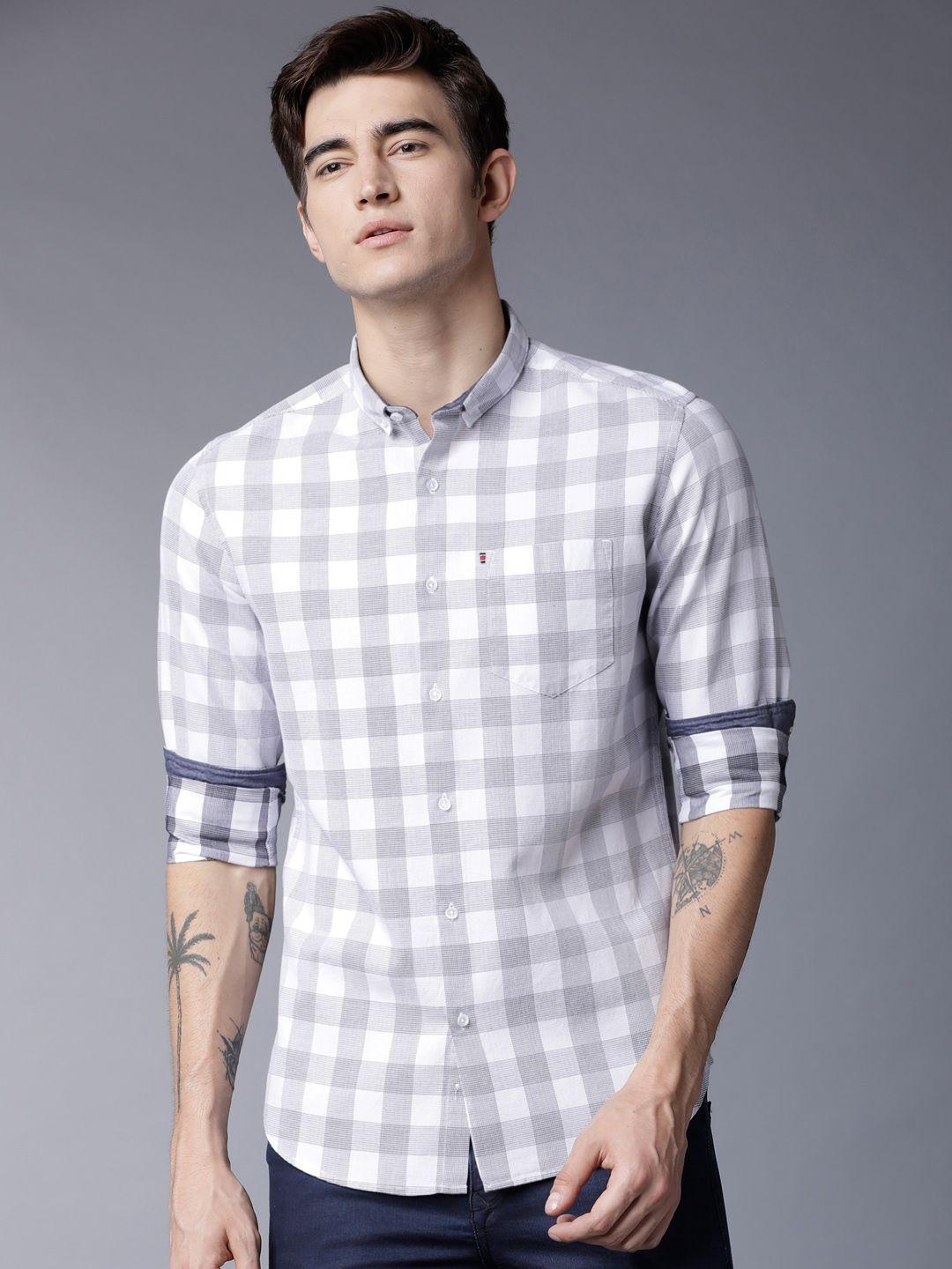 black coffee men white slim fit checked casual shirt