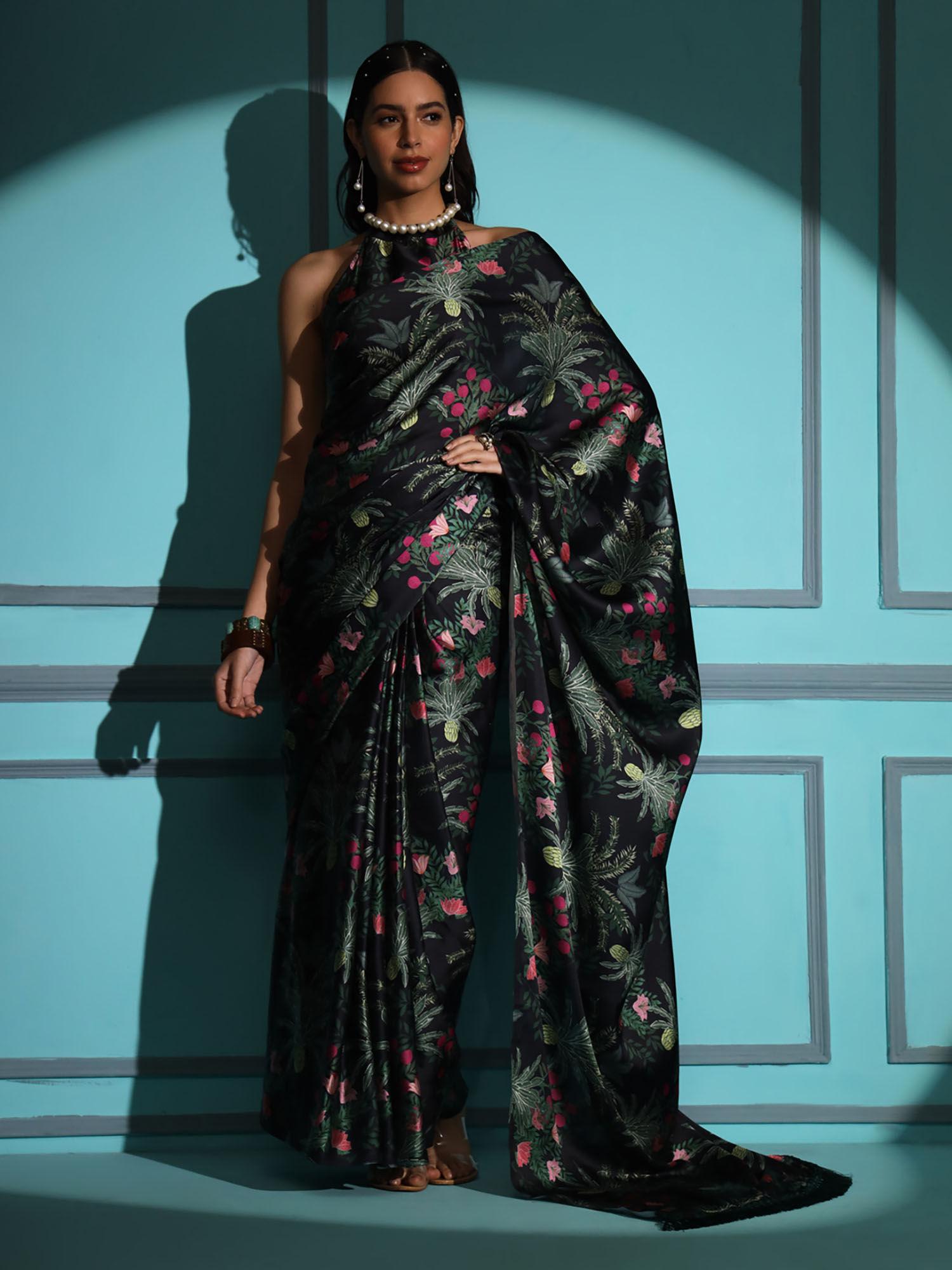 black colored digital printed satin saree with unstitched blouse