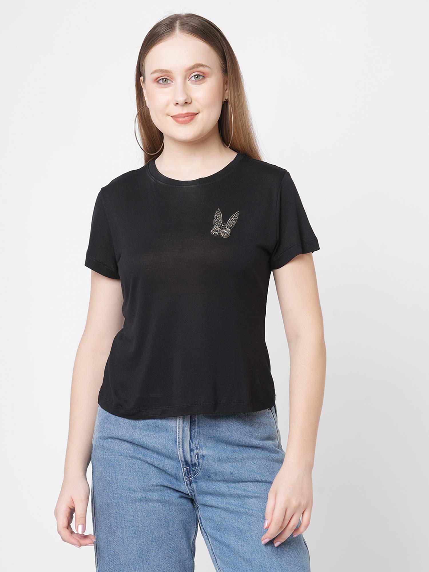 black colored embellished placement t-shirt