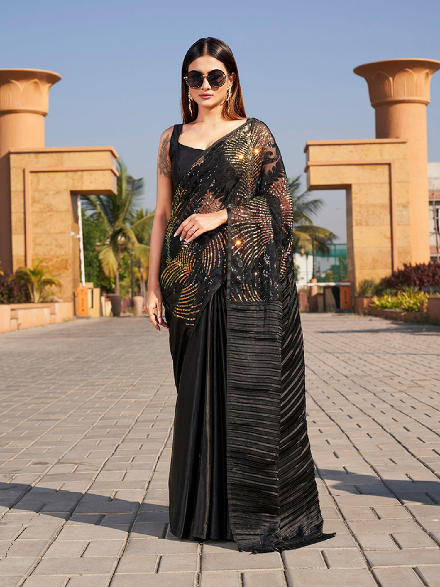 black colored satin sequinned embroidered saree with unstitched blouse
