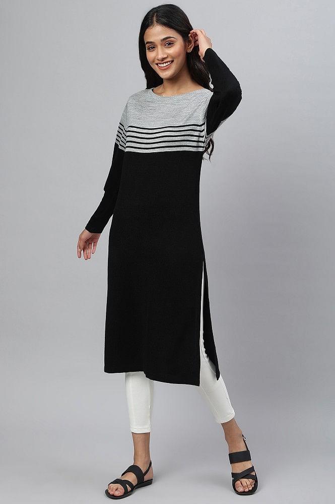 black colour blocked winter kurta