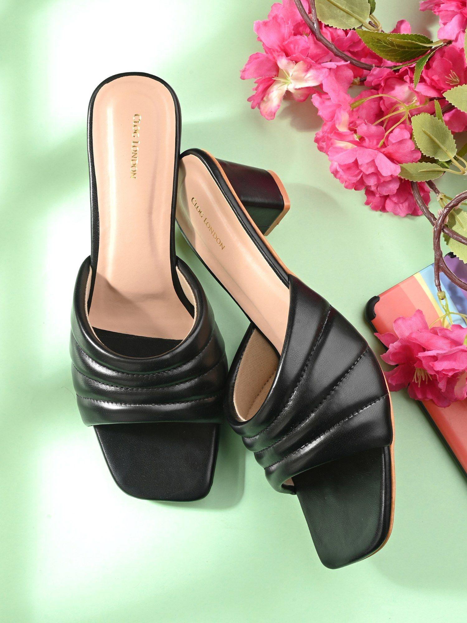 black comfortable heel sandals