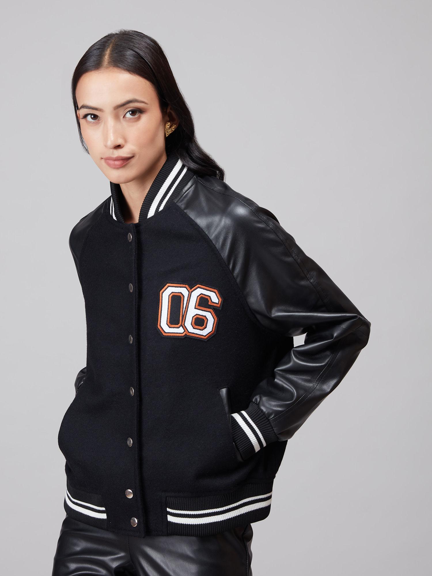 black contrast cuff faux leather varsity jacket