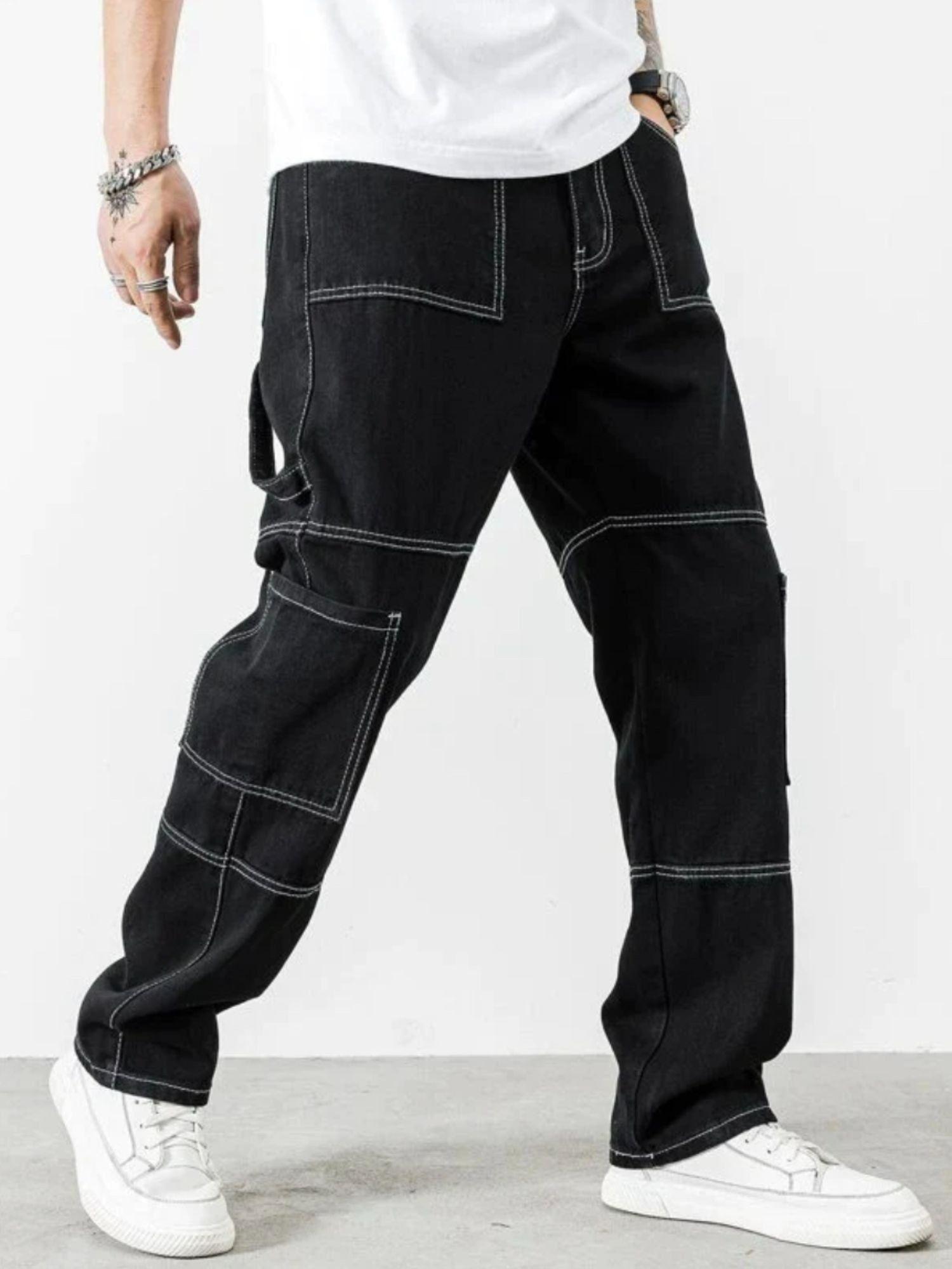 black contrast stitch carpenter men cargo denims - black