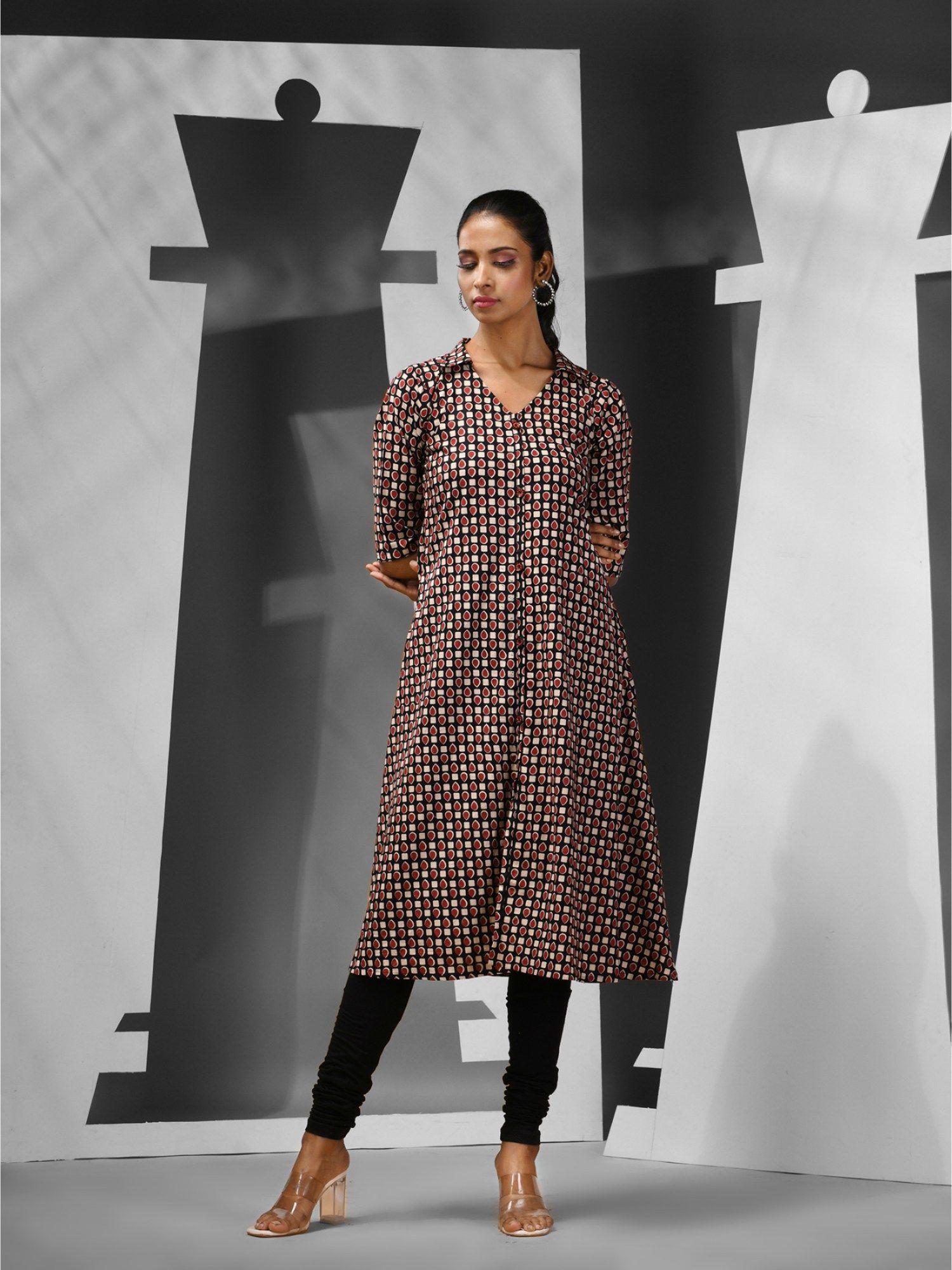 black cotton a-line geometric print kurta