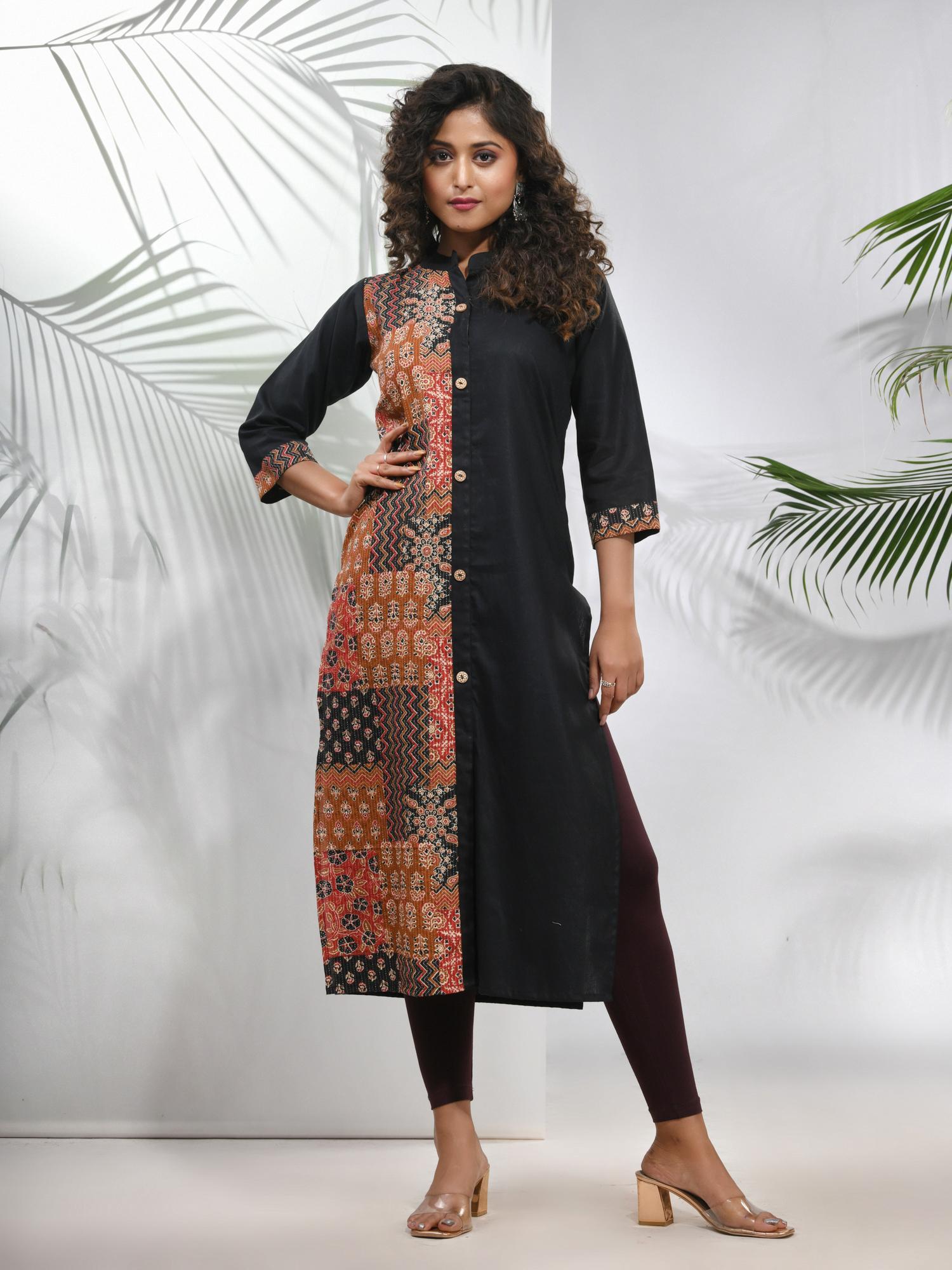 black cotton ajrak printed straight kurta