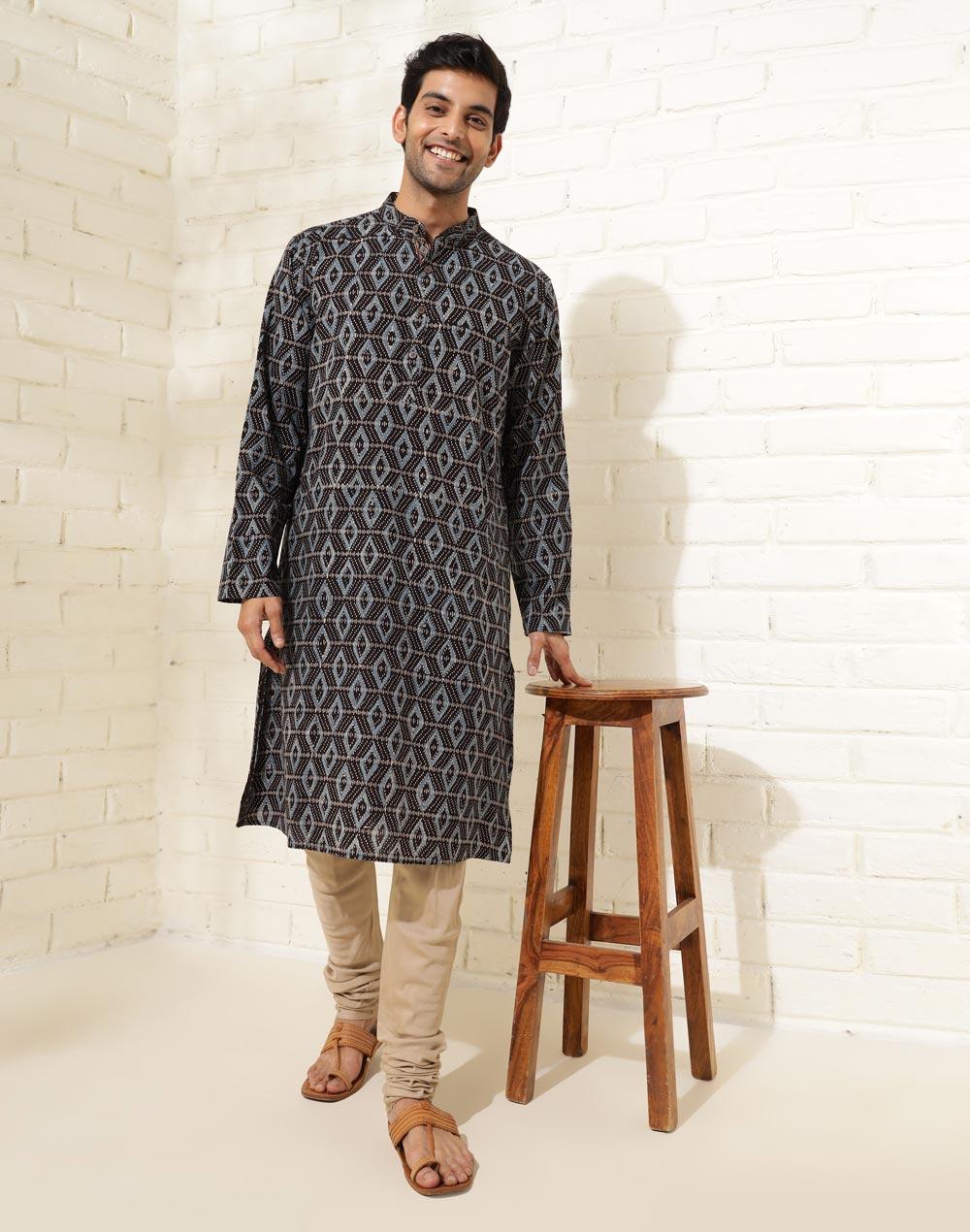 black cotton ajrakh printed long kurta