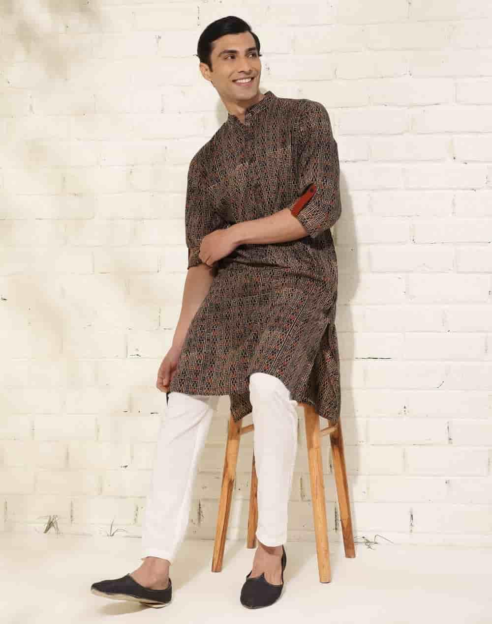 black cotton ajrakh printed slim fit long kurta