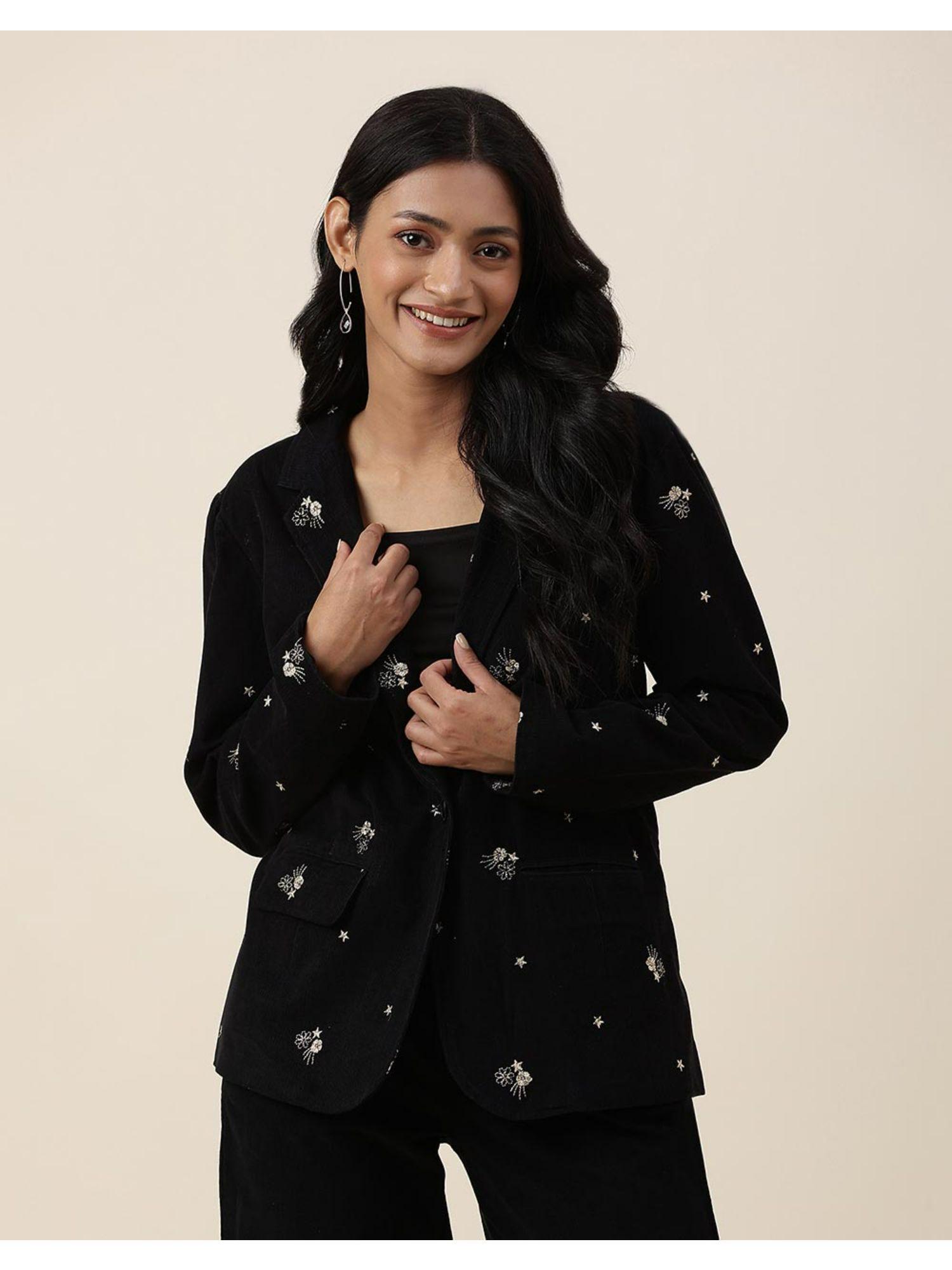 black cotton blend embroidered jacket