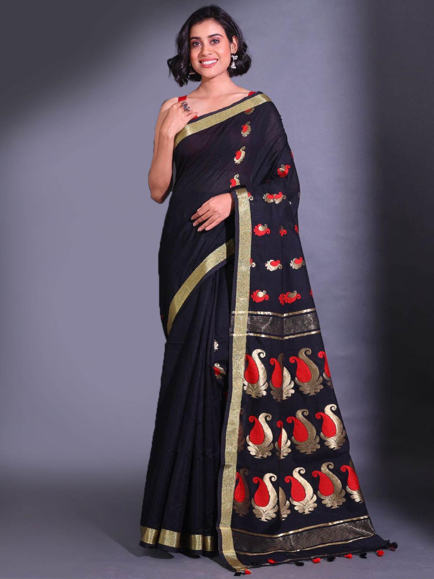 black cotton blend handwoven paisley design saree with unstitched blouse
