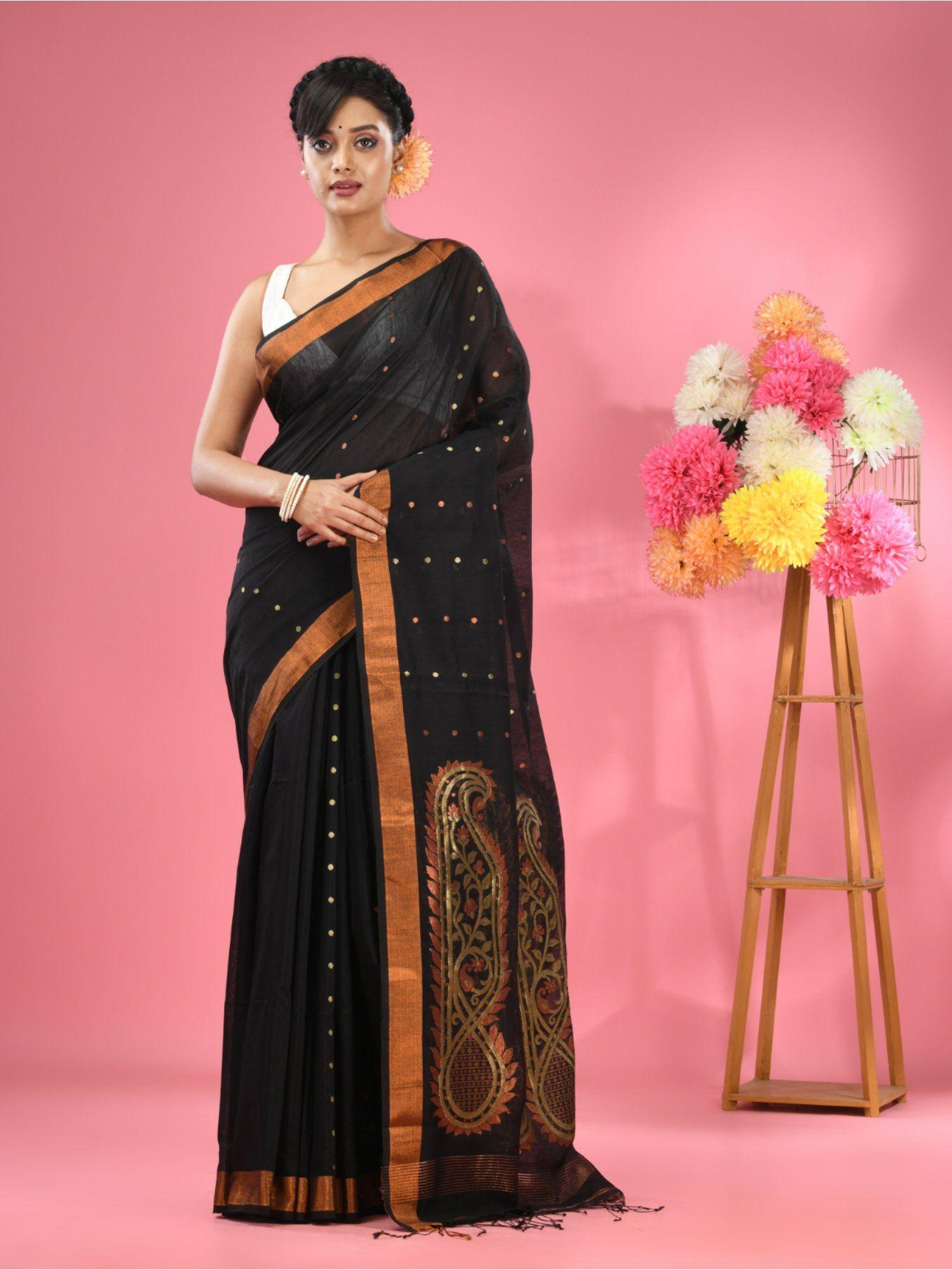 black cotton blend handwoven zari border saree with unstitched blouse