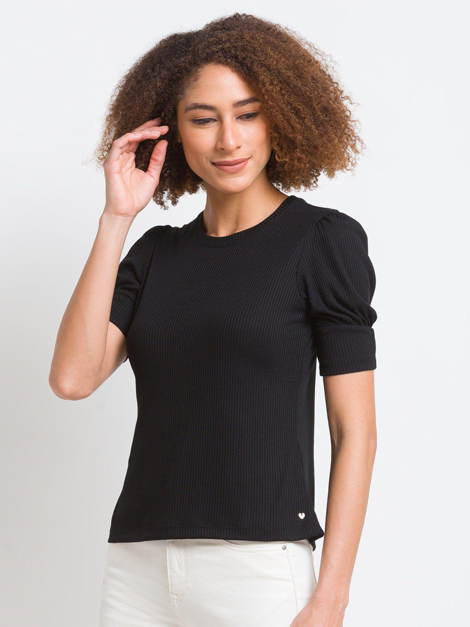 black cotton blend plain casual t-shirt for women