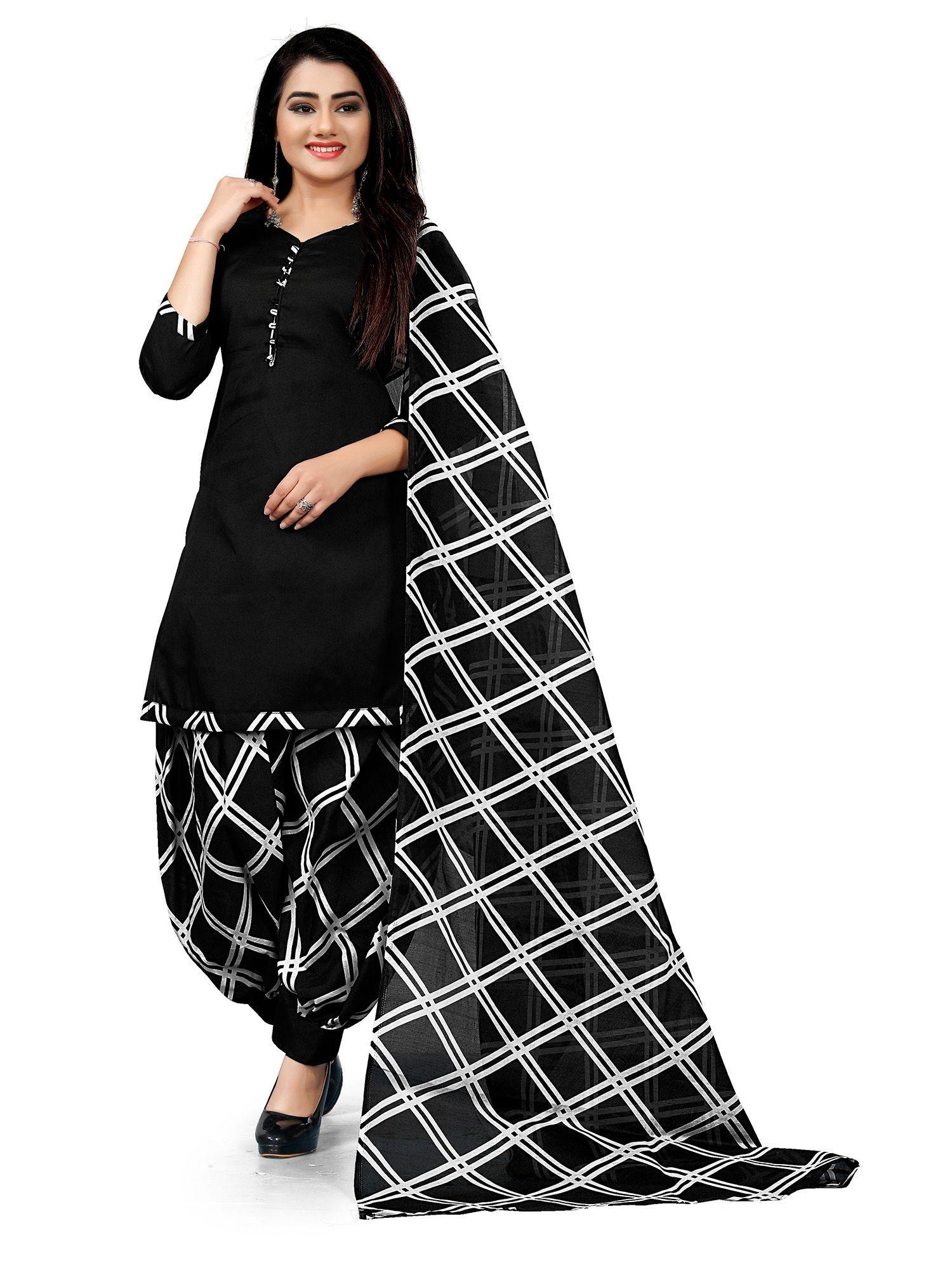 black cotton blend printed kurta and salwar with dupatta (set of 3)
