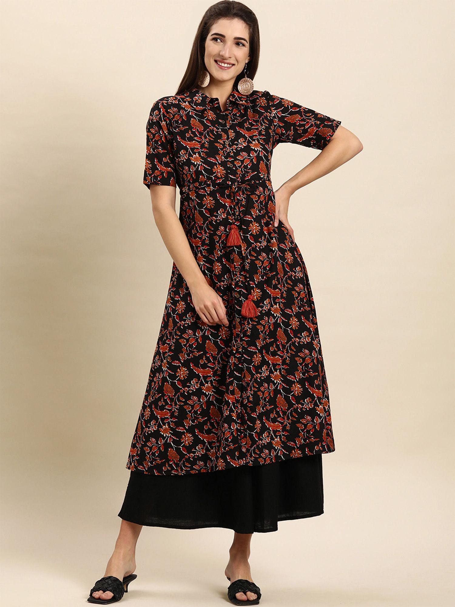 black cotton botanical print shirt style kurta