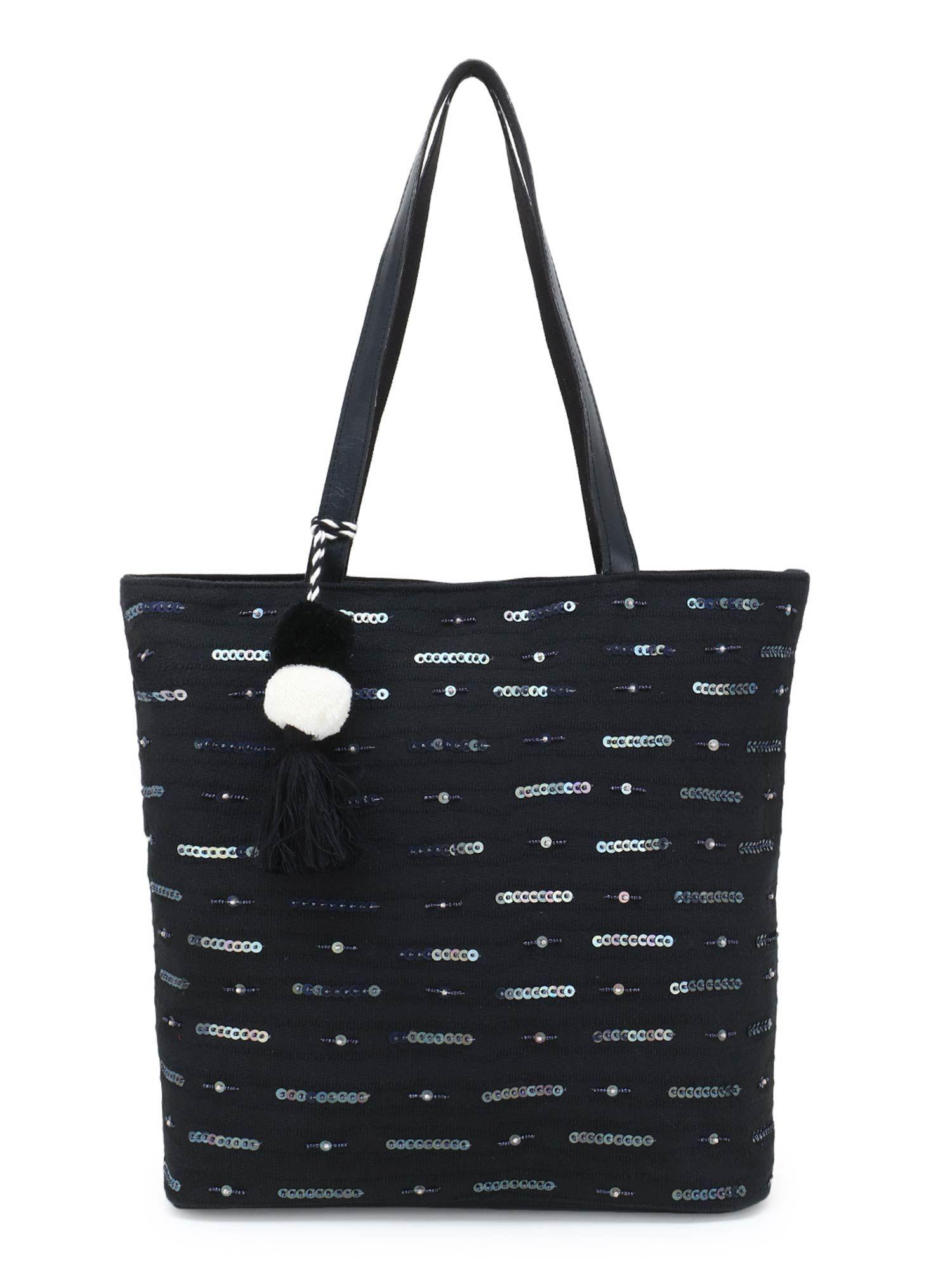 black cotton canvas sequined stripe tote bag