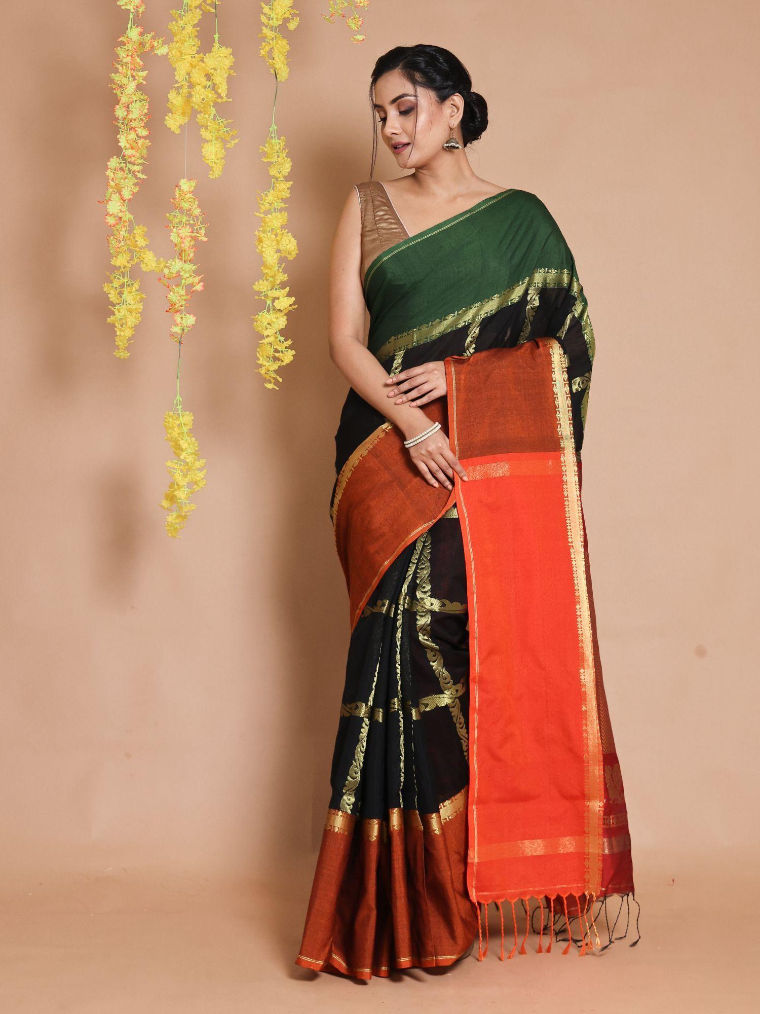 black cotton checkered dual borders & zari design handwoven saree with unstitched blouse