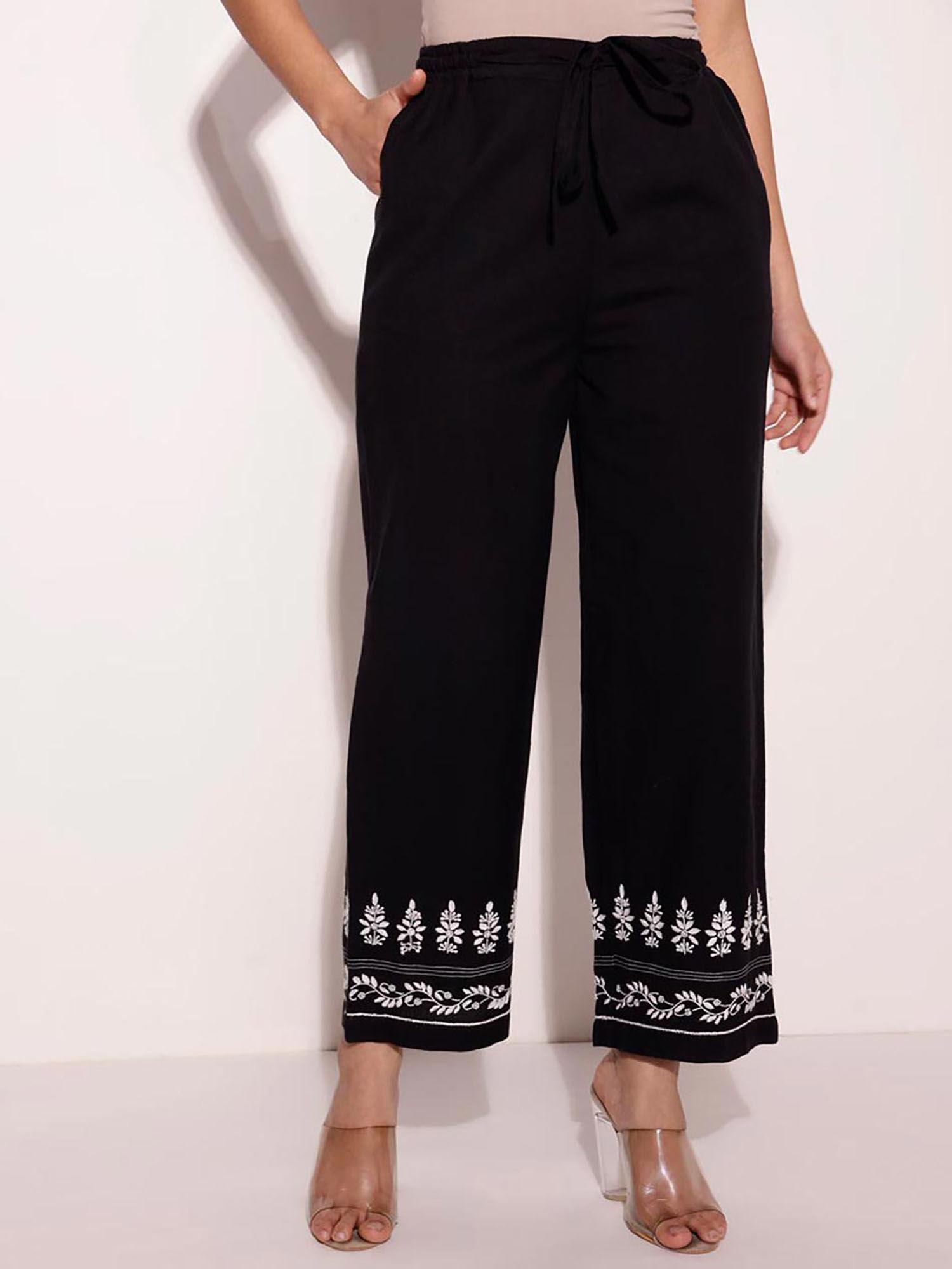 black cotton chikankari embroidered regular casual pant