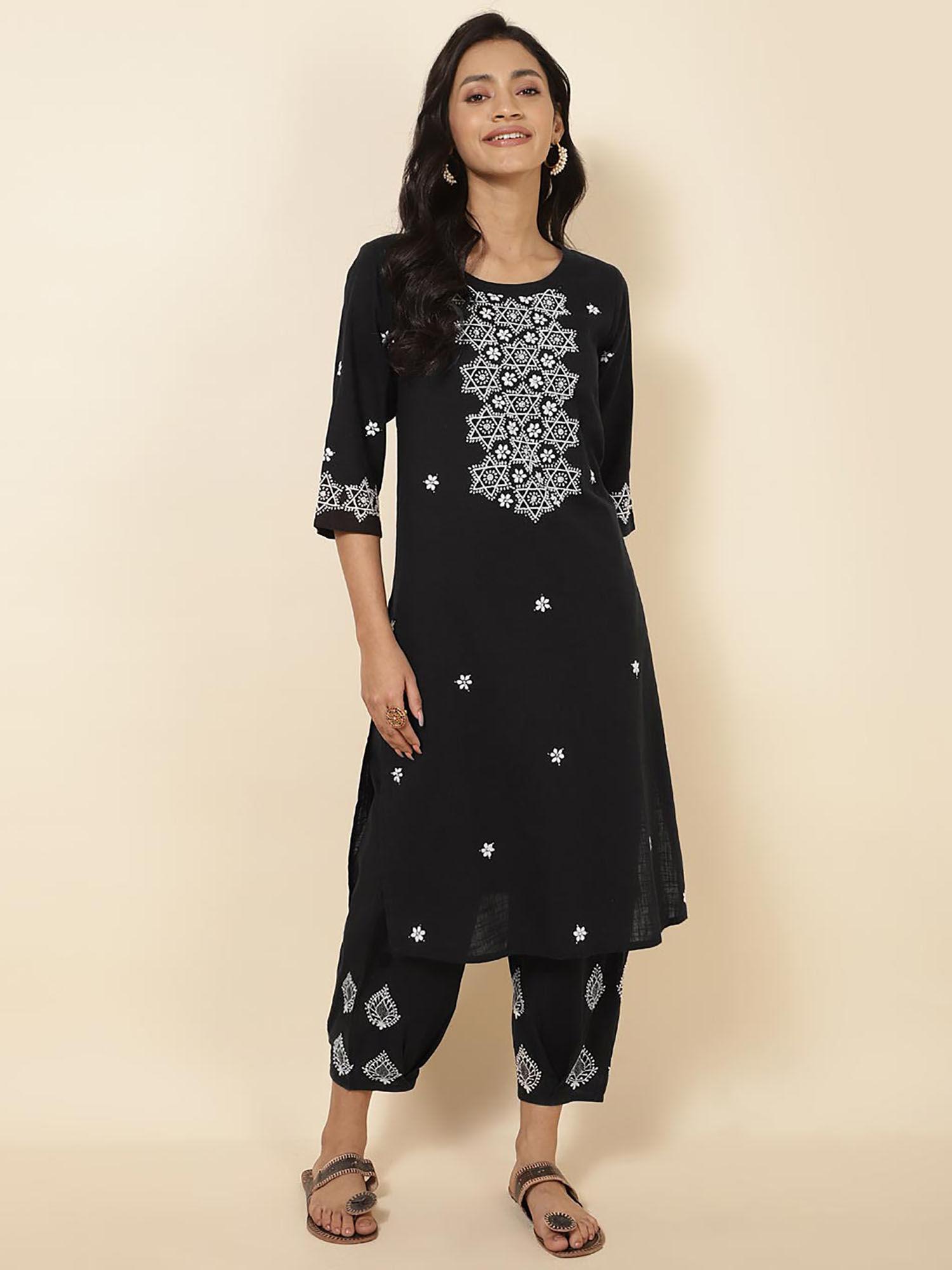 black cotton chikankari knee length kurta