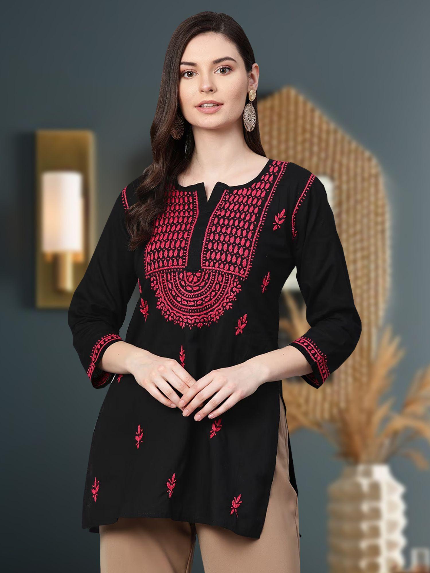 black cotton chikankari kurti (xs) (a100387)