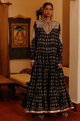 black cotton dabka embroidered & printed crushed anarkali set