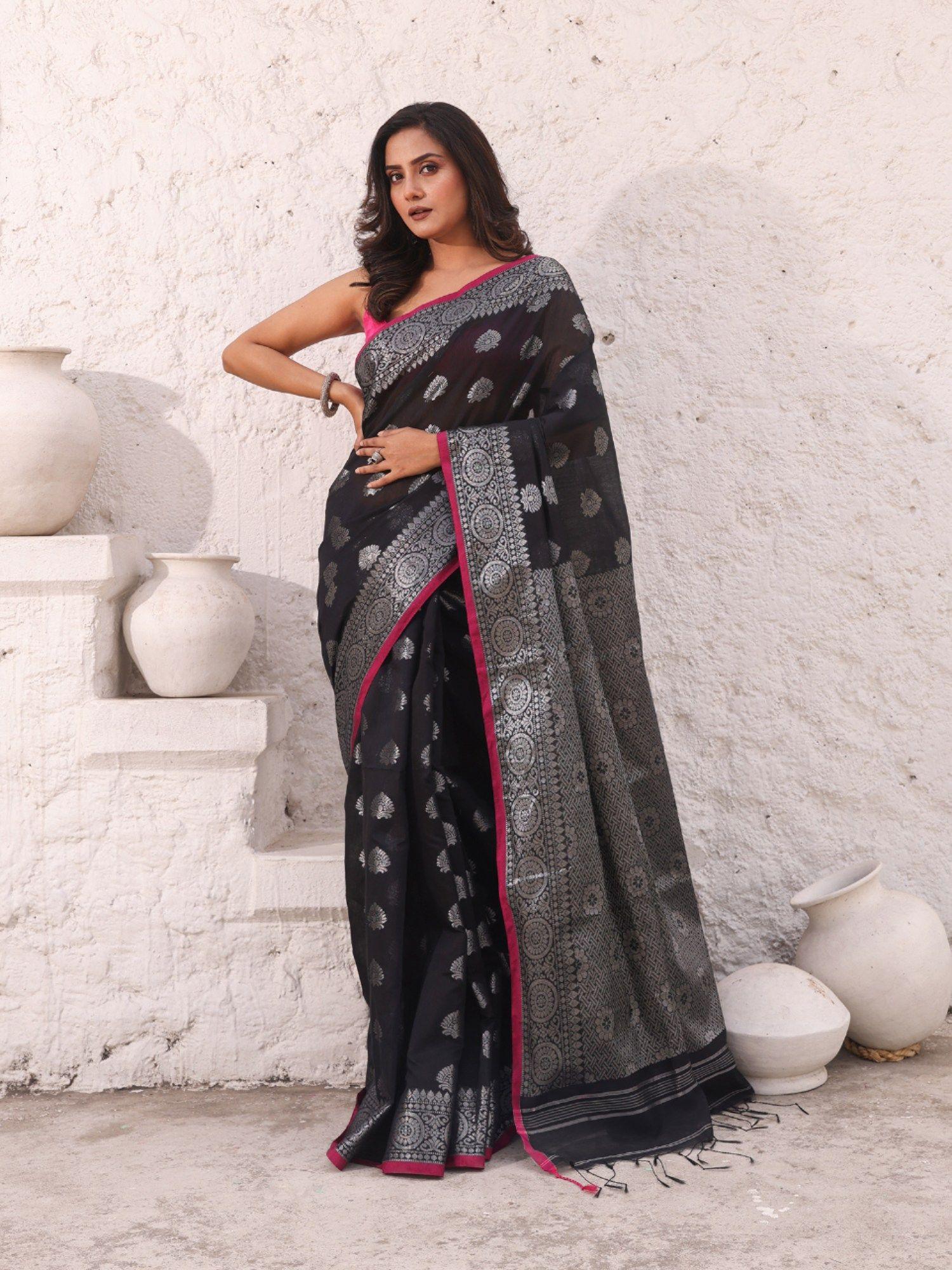 black cotton damask motifs saree with unstitched blouse