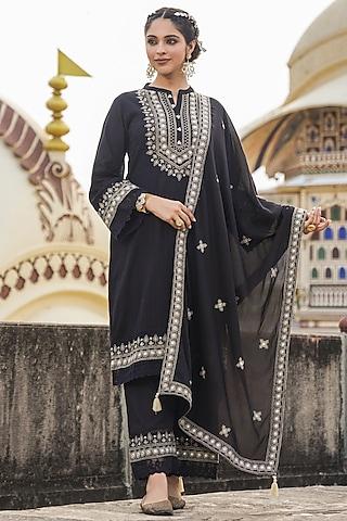 black cotton dobby kutch embroidered kurta set