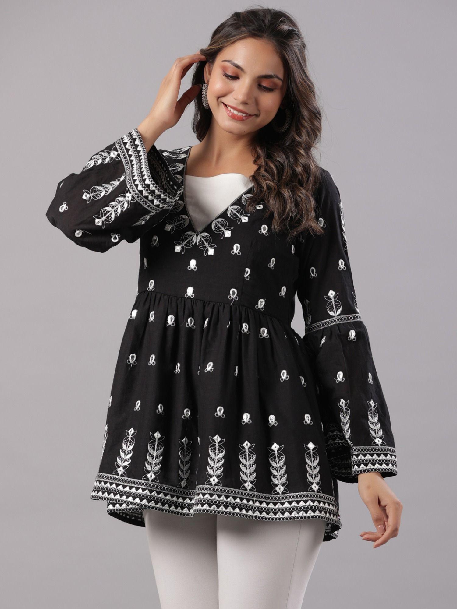 black cotton dobby peplum tunic with thread & mirror embroidery