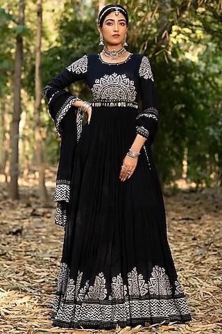 black cotton embroidered anarkali set