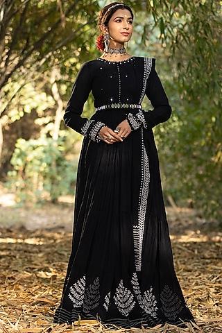 black cotton embroidered anarkali set