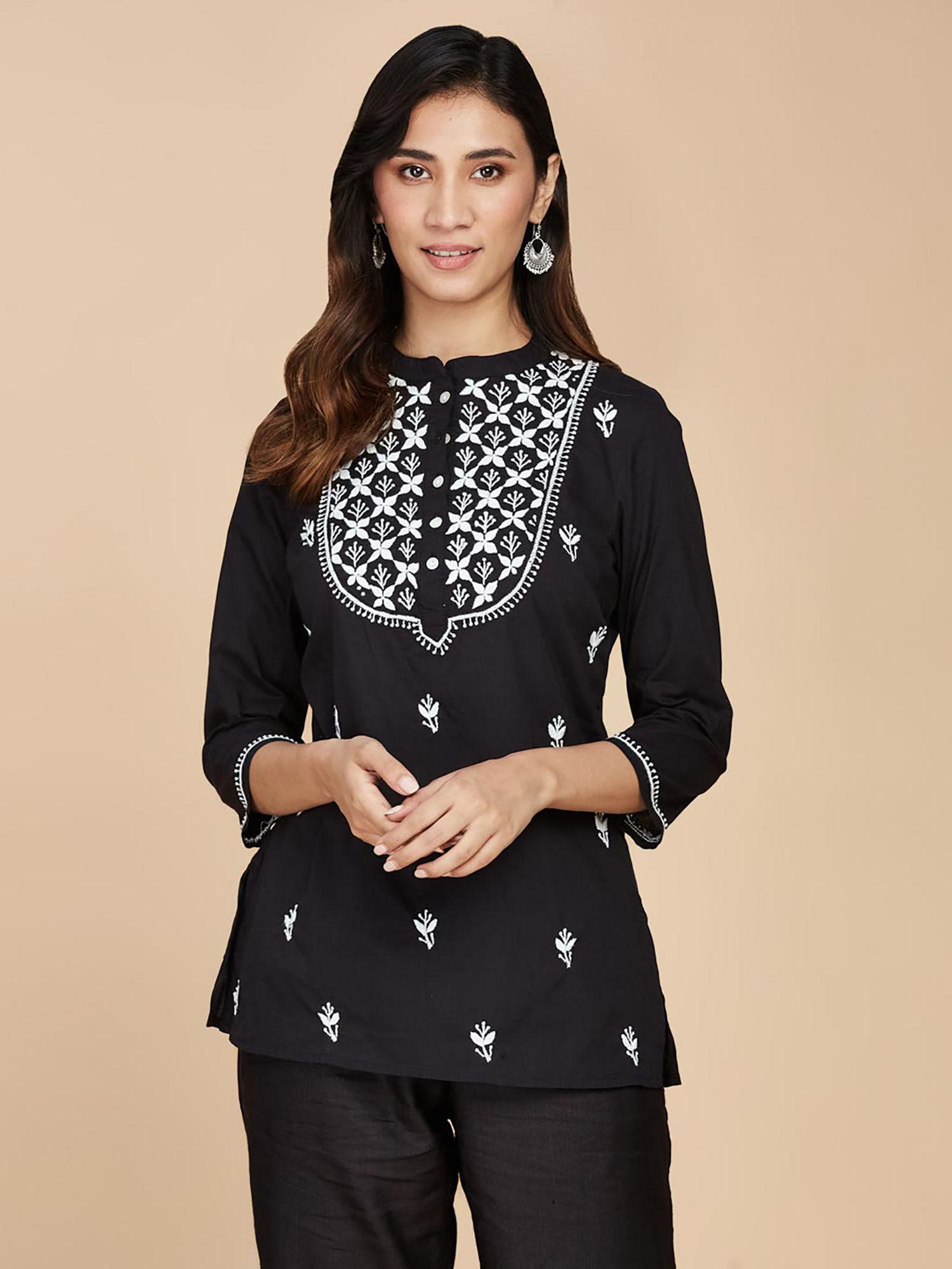 black cotton embroidered slim fit short kurti