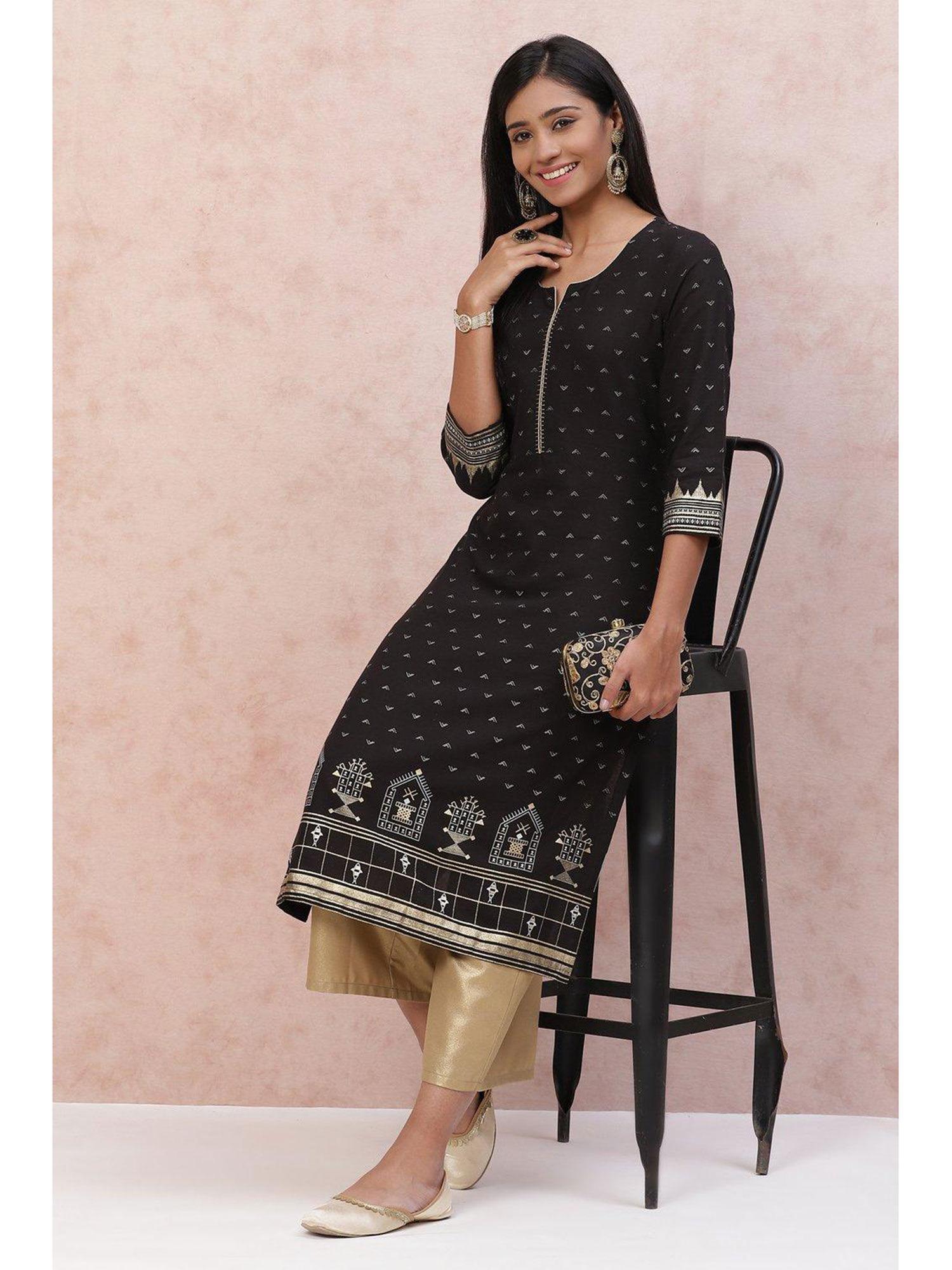 black cotton flax straight kurta