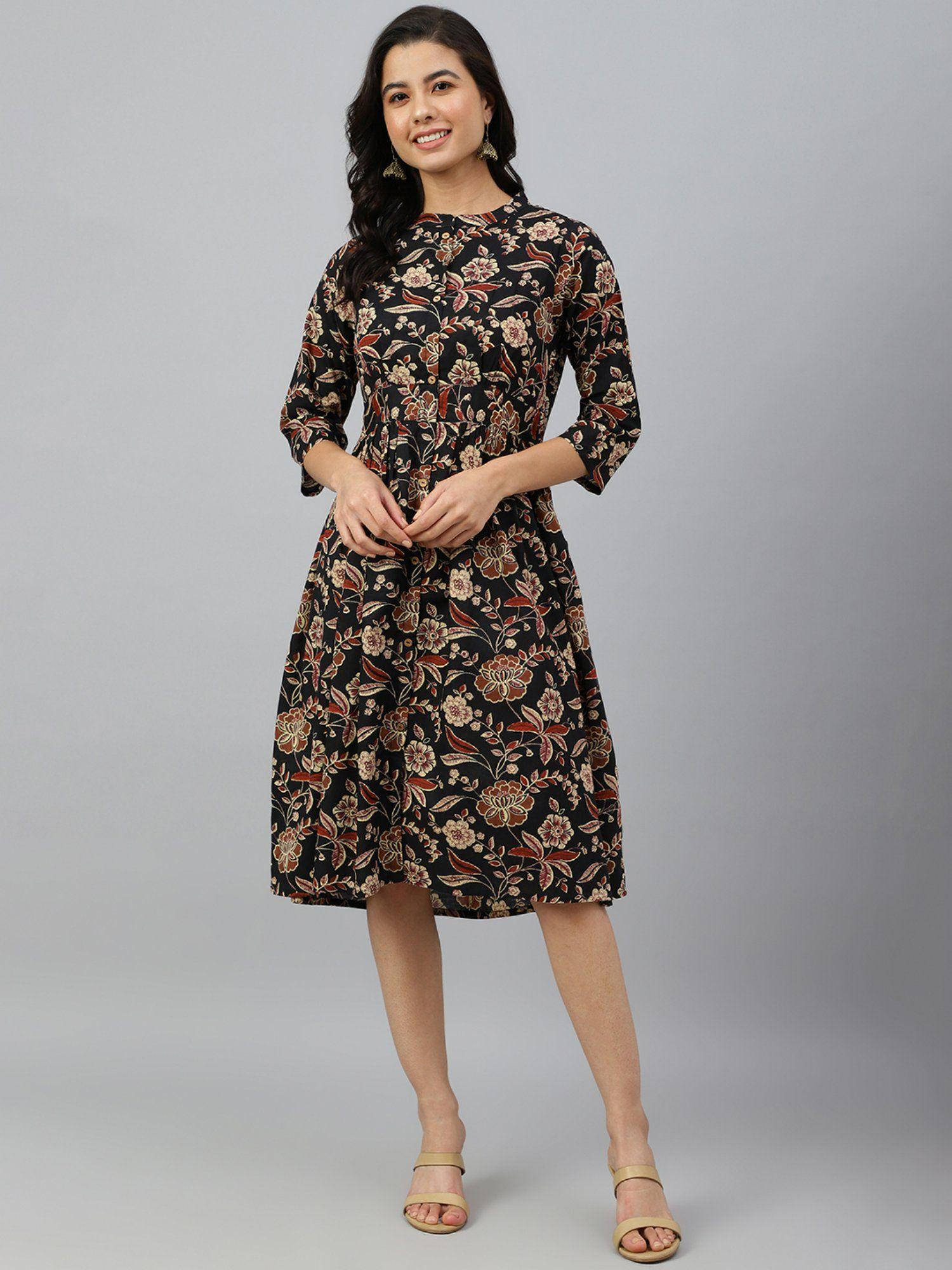 black cotton floral print flared dress