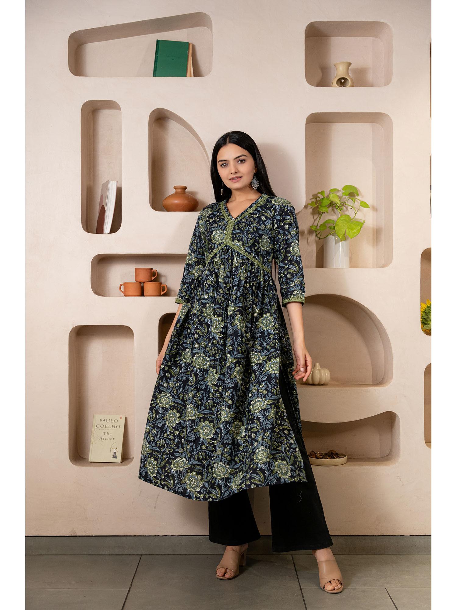 black cotton floral print kurta