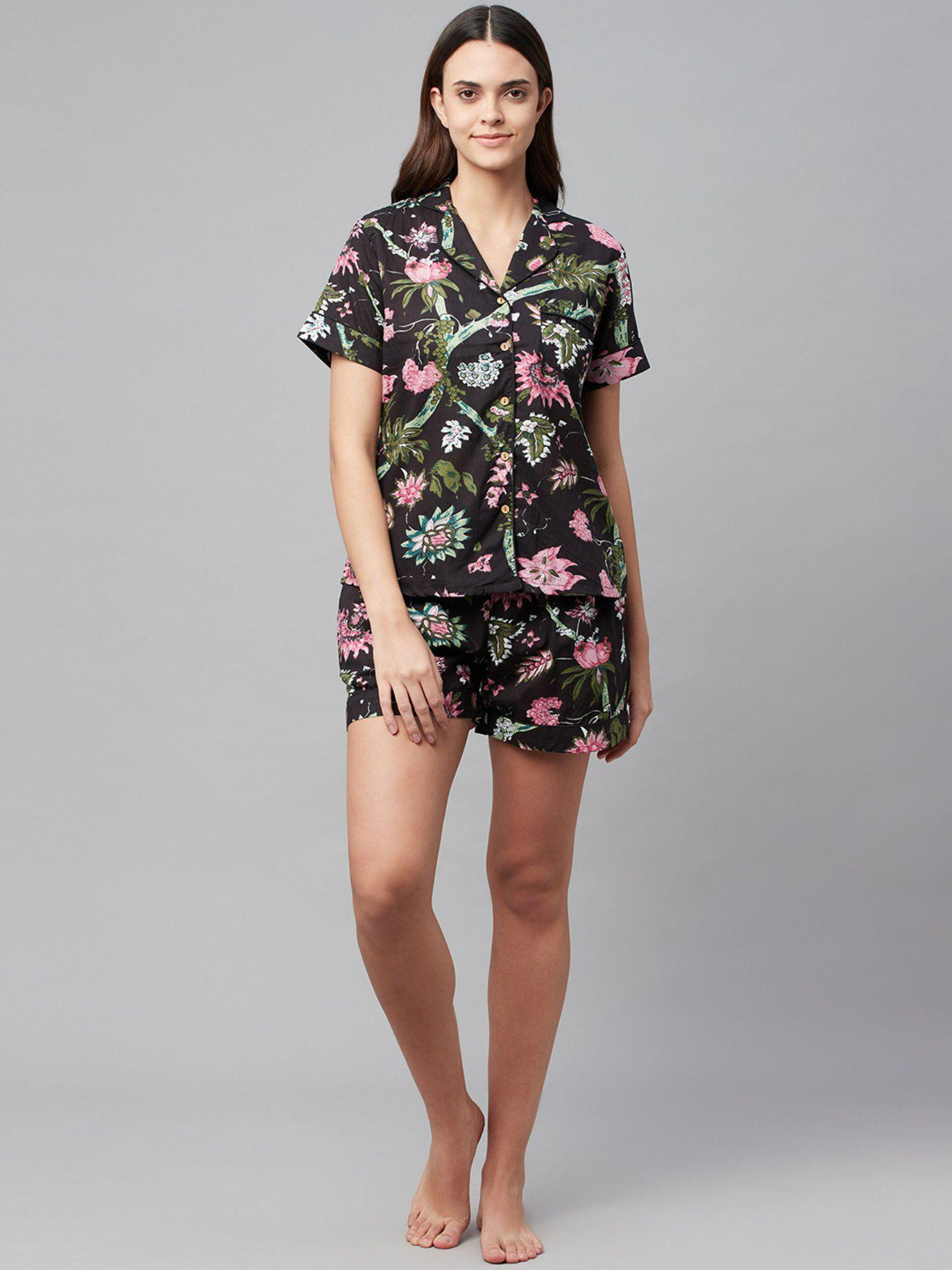 black cotton floral print night suit (set of 2)