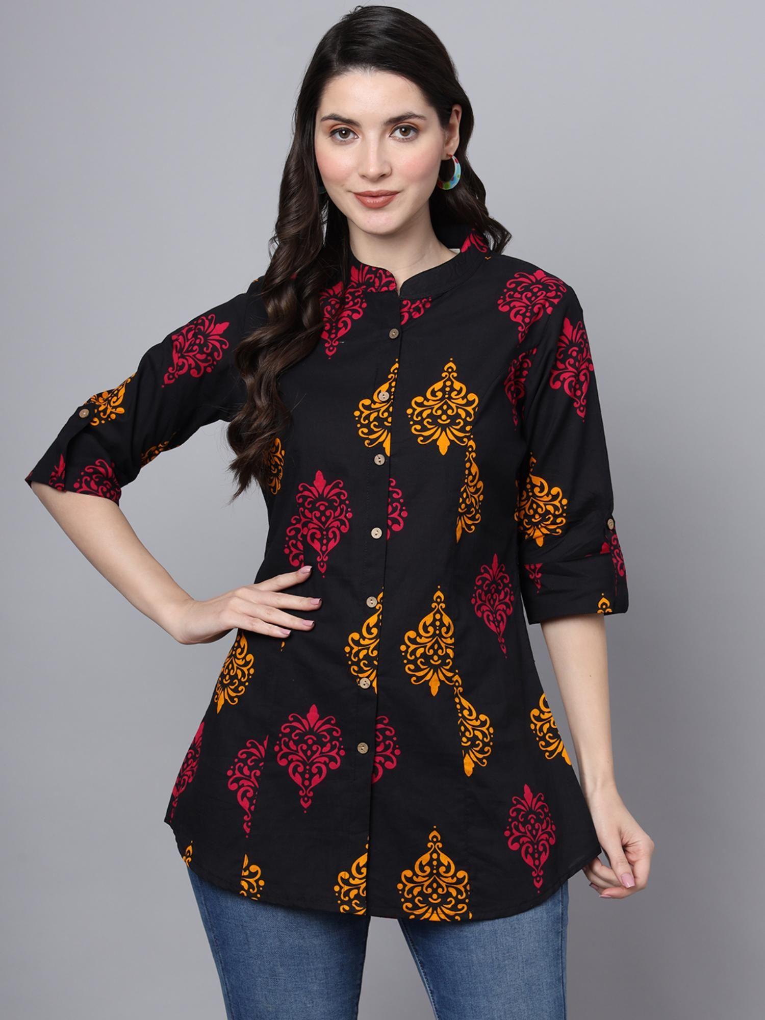 black cotton floral print shirt style top