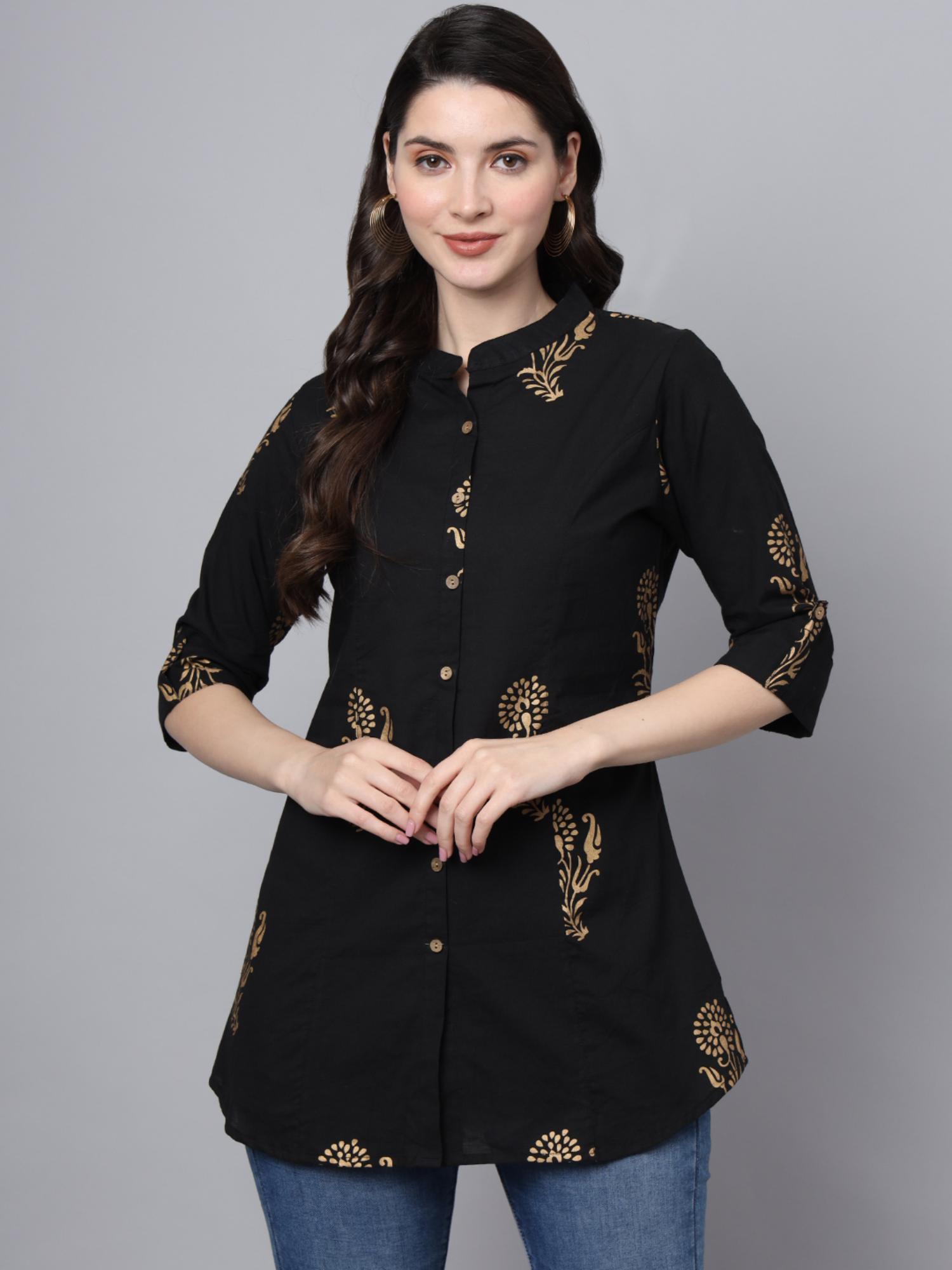 black cotton floral print shirt style top