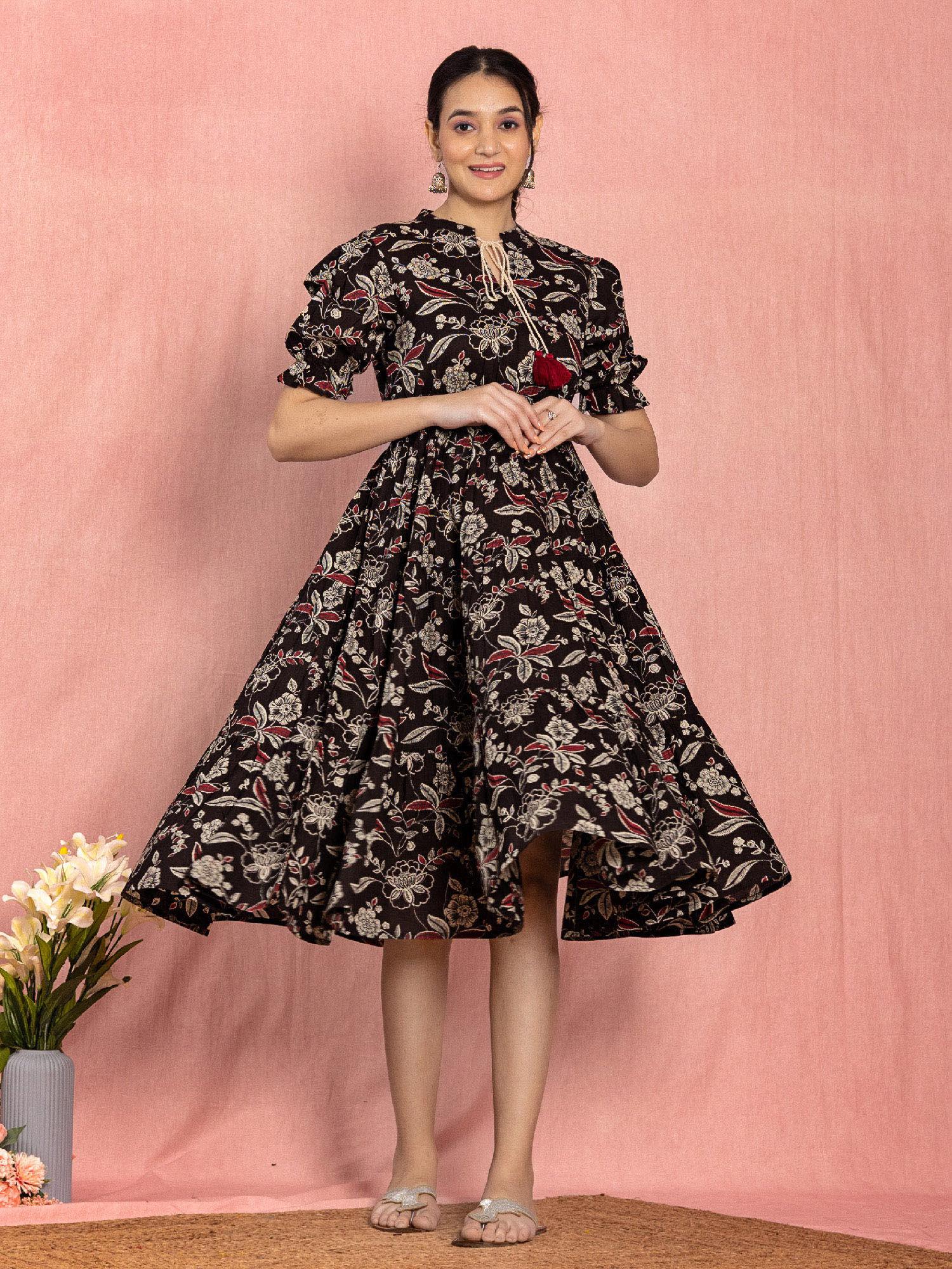 black cotton floral print tiered dress