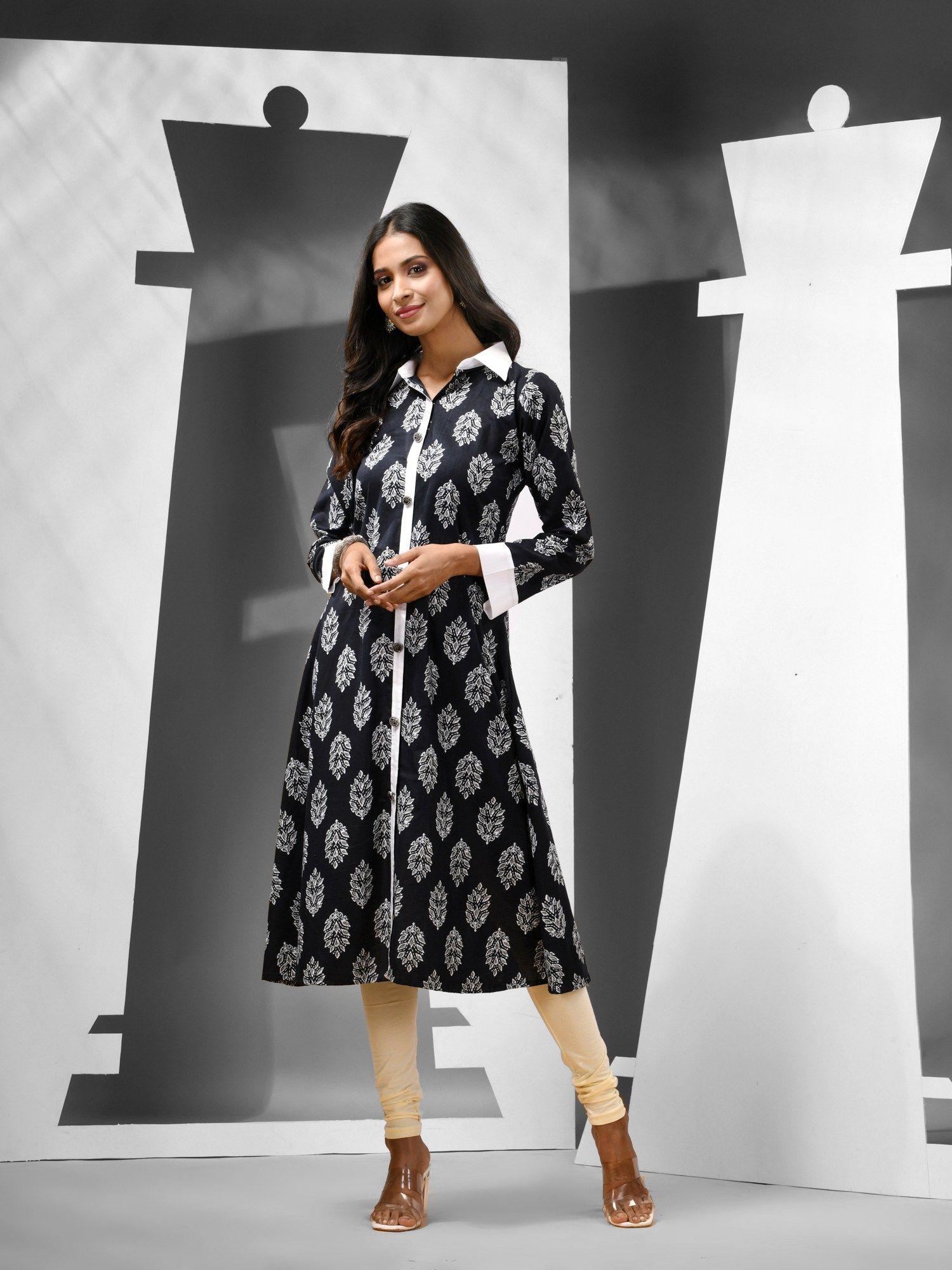 black cotton floral printed a-line kurta