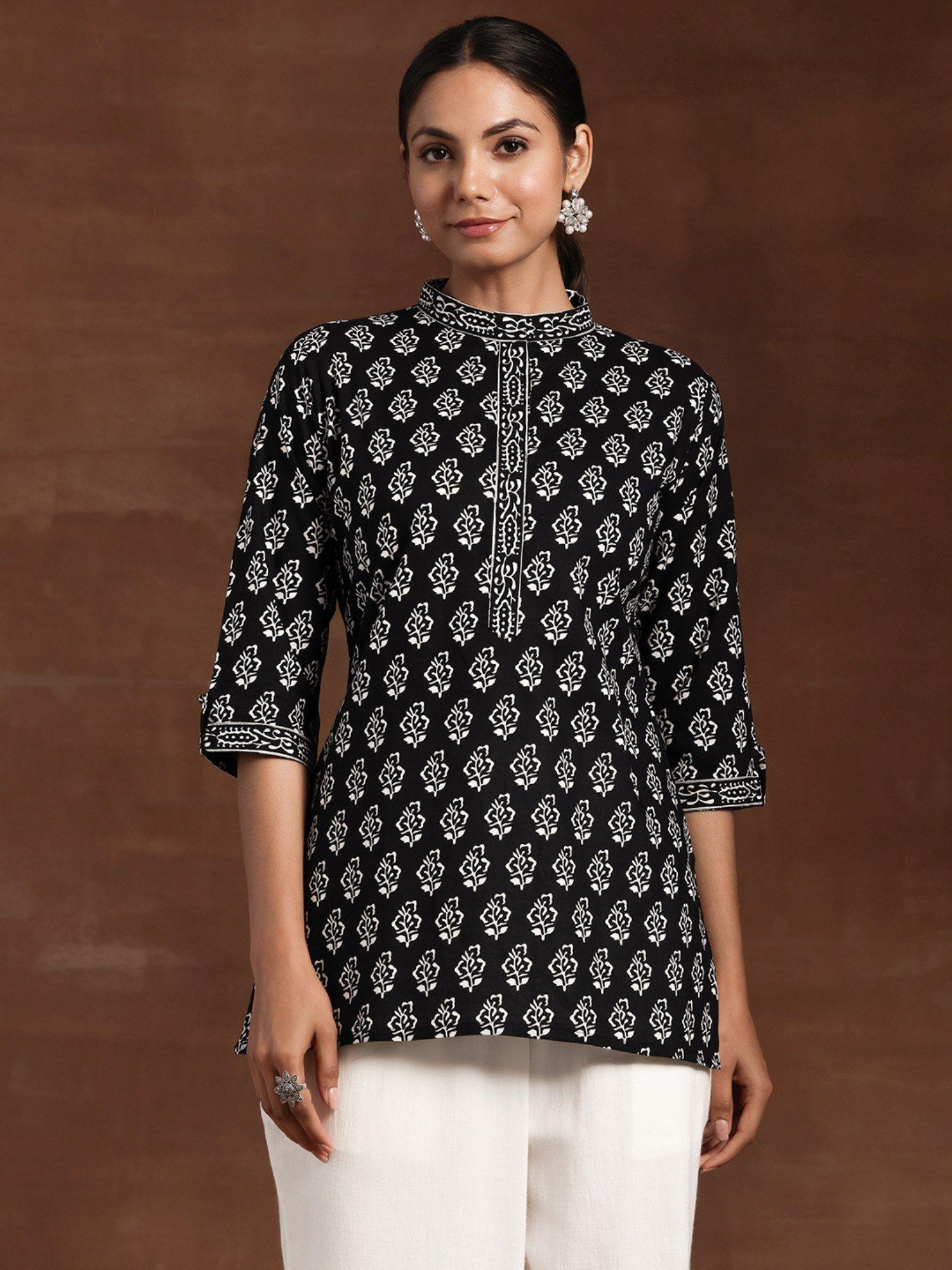 black cotton floral printed a-line kurti