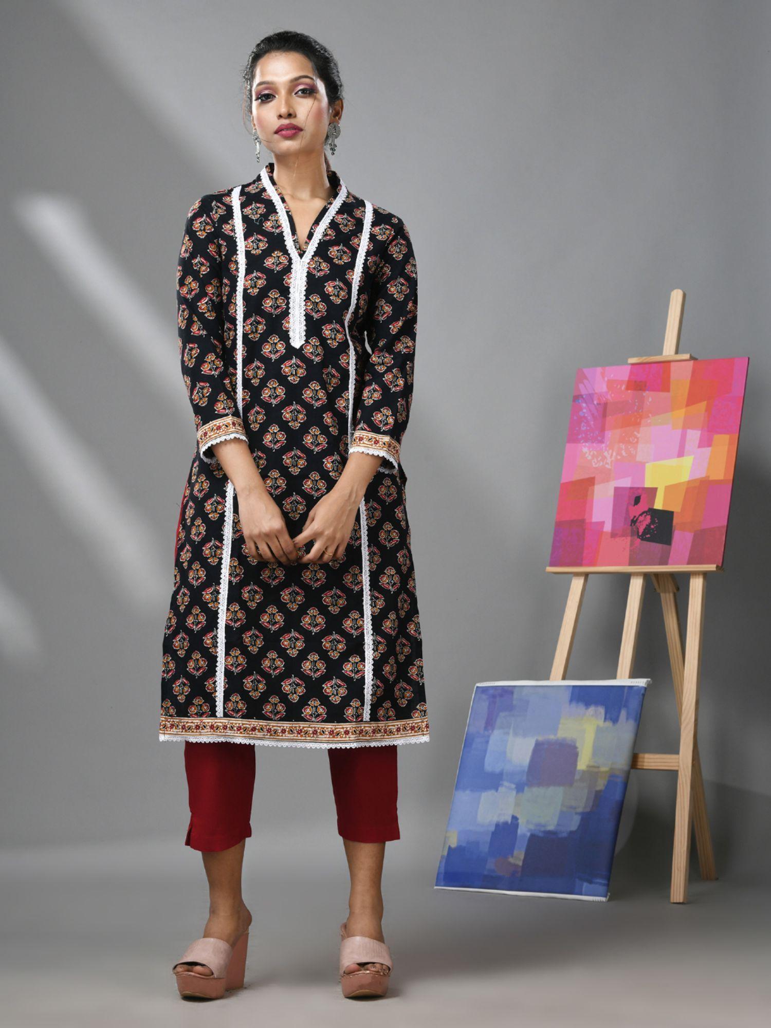 black cotton floral printed kurta with lace